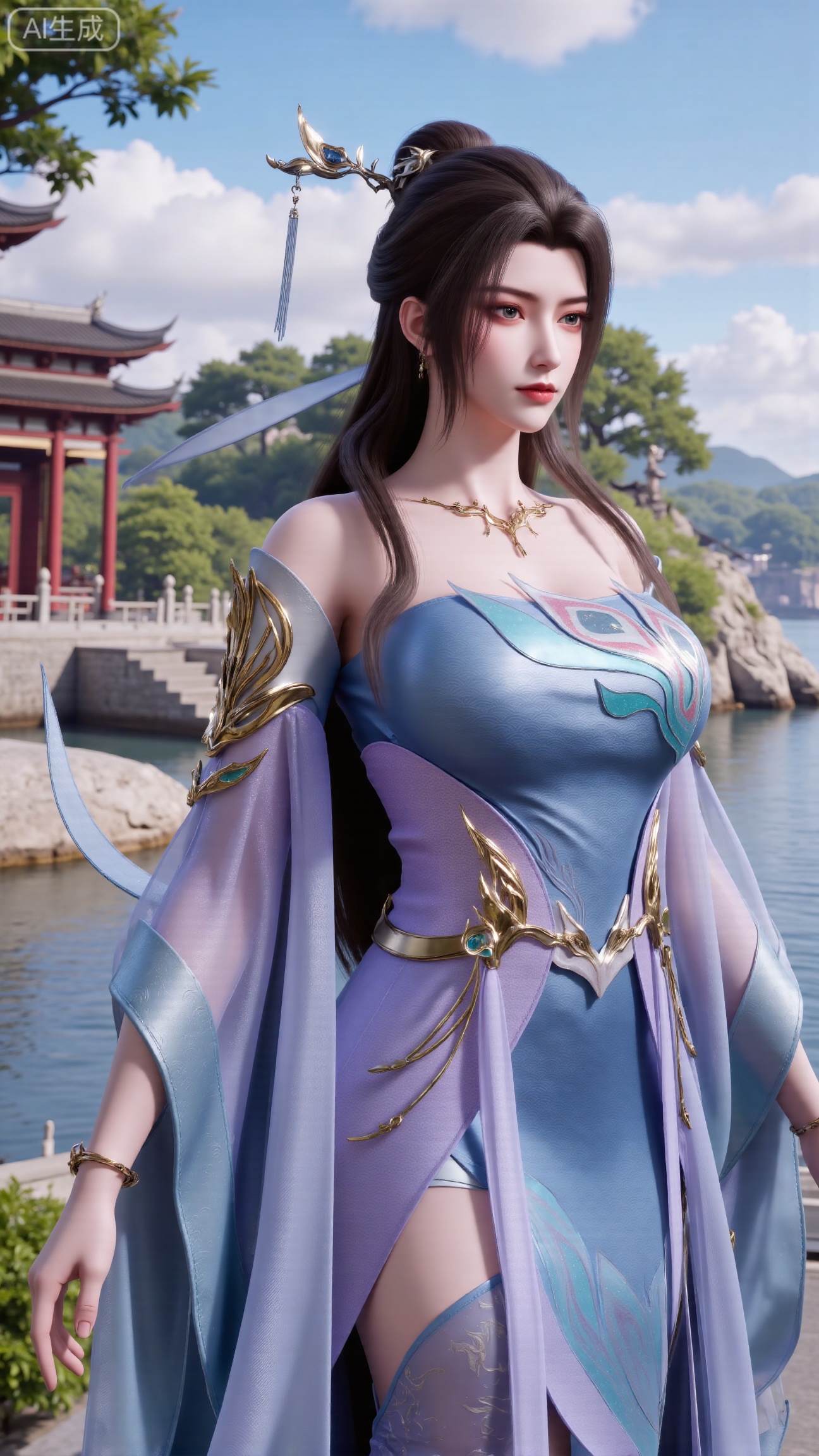 (masterpiece, best quality:1.2),1 girl, solo, long hair, black hair, hair accessories, clothing, cleavage cuts, long dress, jewelry, upper body, earrings. Background is outdoor, sky, clouds, water, trees, architecture, landscape, lantern, mountain, dragon, architecture, bridge, east Asian architecture, fog, pagoda,,(huge breasts:2.99),(full breasts:2.99),,Xbigbreasts,XbaifengsongyuYH,XliuyuYH2,XanmyXM,XxuanyYH,XruotianzhuqueG,XxuanyiYH,XPolaroidFilmStyle,XtianqiongX,Xqingluo2,XyuqinH