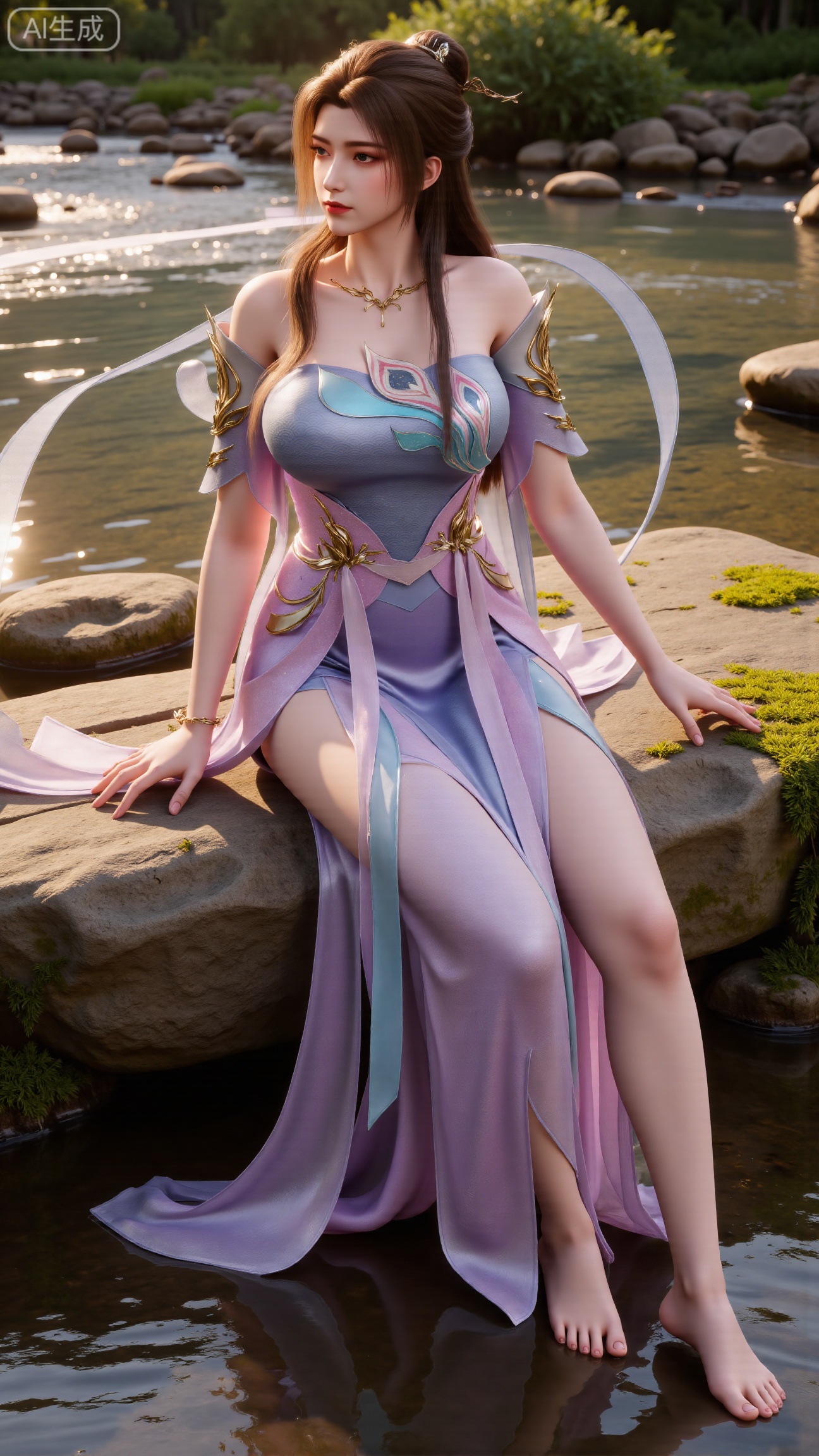 (masterpiece:1.3), ultra-detailed, 8k, photorealistic, best quality, cinematic lighting, volumetric sunlight, soft shadows, subsurface scattering, depth of field, A stunning young woman sits gracefully barefoot on a moss-covered rock beside a crystal-clear stream in a tranquil forest. The sunlight filters through the trees, casting dappled golden light on her smooth skin and the rippling water. She wears an exquisite long dress with fine pink and gold embroidery across the chest and short sleeves. Her long, dark hair flows naturally over her shoulders, softly illuminated by the warm light. Her bare feet touch the cool moss and shallow water, adding a sense of intimacy and realism. One hand rests gently on her hip, while the other holds a blooming lotus flower, her expression calm and serene. Mist rises gently from the water, with reflections dancing on the surface, creating a peaceful, ethereal atmosphere. (background with mossy stones, flowing stream, forest sunlight, soft haze, and gentle reflections:1.6), (realistic skin texture:1.3), (natural color tones:1.3), (film look:1.2) (huge breasts:2.99),(full breasts:2.99),,Xbigbreasts,XbaifengsongyuYH,XliuyuYH2,XanmyXM,XxuanyYH,XruotianzhuqueG,XxuanyiYH,XPolaroidFilmStyle,XtianqiongX,Xqingluo2,XyuqinH