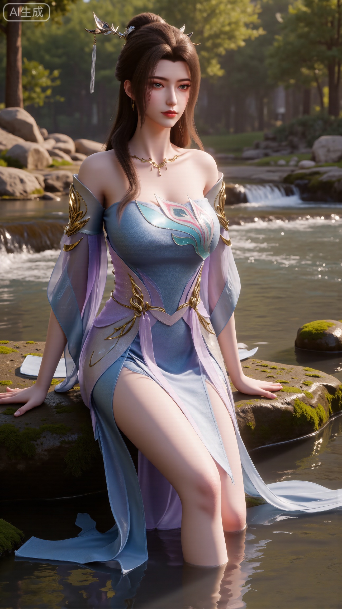 (masterpiece:1.3), ultra-detailed, 8k, photorealistic, best quality, cinematic lighting, volumetric sunlight, soft shadows, subsurface scattering, depth of field, A stunning young woman sits gracefully barefoot on a moss-covered rock beside a crystal-clear stream in a tranquil forest. The sunlight filters through the trees, casting dappled golden light on her smooth skin and the rippling water. She wears an exquisite long dress with fine pink and gold embroidery across the chest and short sleeves. Her long, dark hair flows naturally over her shoulders, softly illuminated by the warm light. Her bare feet touch the cool moss and shallow water, adding a sense of intimacy and realism. One hand rests gently on her hip, while the other holds a blooming lotus flower, her expression calm and serene. Mist rises gently from the water, with reflections dancing on the surface, creating a peaceful, ethereal atmosphere. (background with mossy stones, flowing stream, forest sunlight, soft haze, and gentle reflections:1.6), (realistic skin texture:1.3), (natural color tones:1.3), (film look:1.2) (huge breasts:2.99),(full breasts:2.99),,Xbigbreasts,XbaifengsongyuYH,XliuyuYH2,XanmyXM,XxuanyYH,XruotianzhuqueG,XxuanyiYH,XPolaroidFilmStyle,XtianqiongX,Xqingluo2,XyuqinH