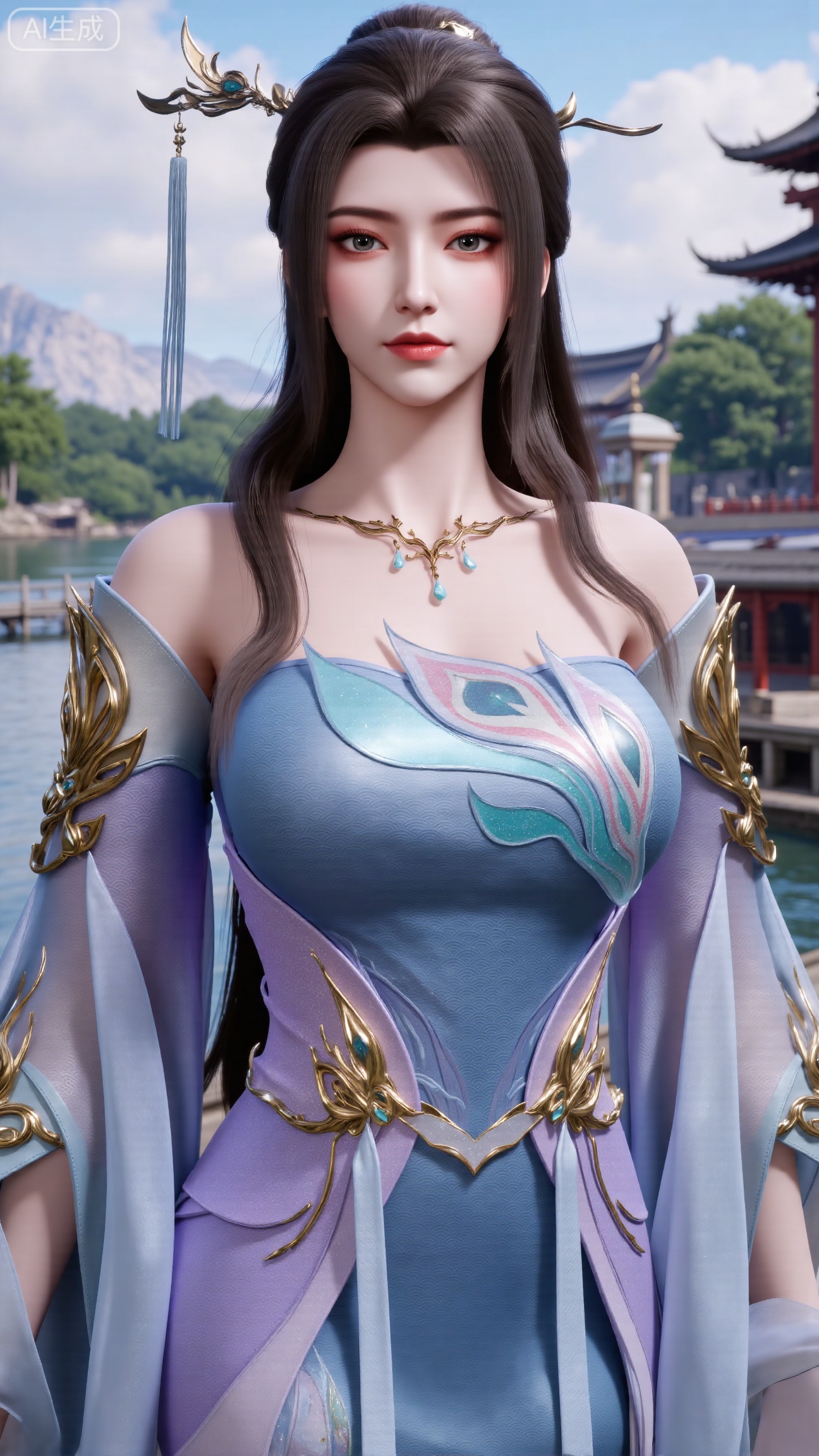 (masterpiece, best quality:1.2),1 girl, solo, long hair, black hair, hair accessories, clothing, cleavage cuts, long dress, jewelry, upper body, earrings. Background is outdoor, sky, clouds, water, trees, architecture, landscape, lantern, mountain, dragon, architecture, bridge, east Asian architecture, fog, pagoda,,(huge breasts:2.99),(full breasts:2.99),,Xbigbreasts,XbaifengsongyuYH,XliuyuYH2,XanmyXM,XxuanyYH,XruotianzhuqueG,XxuanyiYH,XPolaroidFilmStyle,XtianqiongX,Xqingluo2,XyuqinH