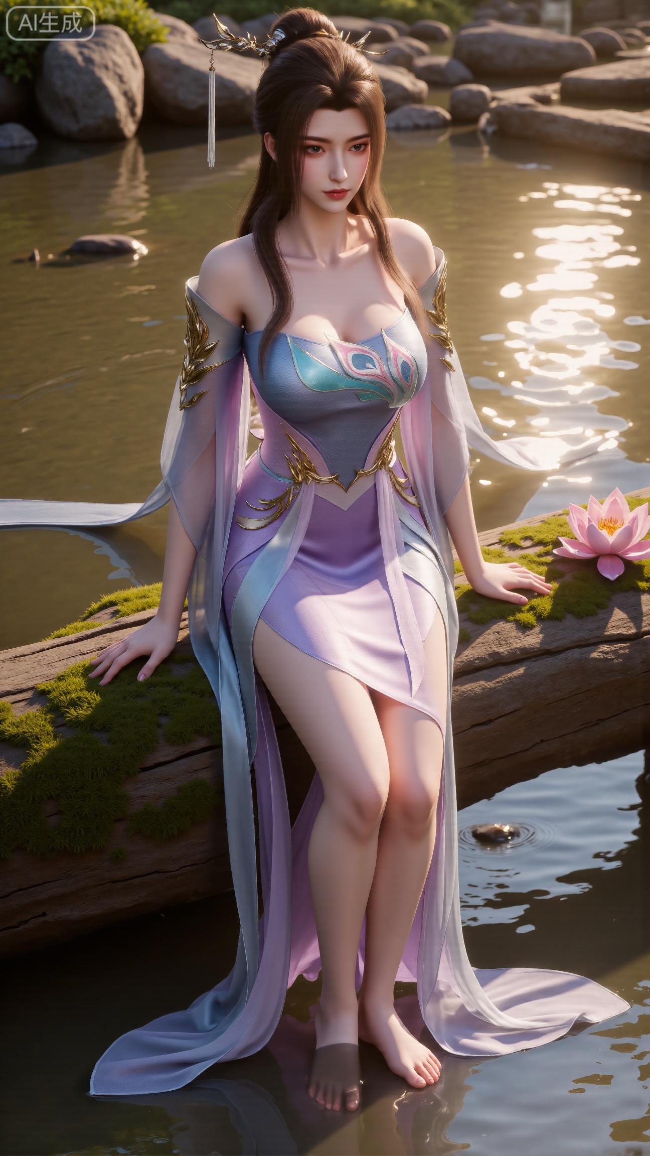 (masterpiece:1.3), ultra-detailed, 8k, photorealistic, best quality, cinematic lighting, volumetric sunlight, soft shadows, subsurface scattering, depth of field, A stunning young woman sits gracefully barefoot on a moss-covered rock beside a crystal-clear stream in a tranquil forest. The sunlight filters through the trees, casting dappled golden light on her smooth skin and the rippling water. She wears an exquisite long dress with fine pink and gold embroidery across the chest and short sleeves. Her long, dark hair flows naturally over her shoulders, softly illuminated by the warm light. Her bare feet touch the cool moss and shallow water, adding a sense of intimacy and realism. One hand rests gently on her hip, while the other holds a blooming lotus flower, her expression calm and serene. Mist rises gently from the water, with reflections dancing on the surface, creating a peaceful, ethereal atmosphere. (background with mossy stones, flowing stream, forest sunlight, soft haze, and gentle reflections:1.6), (realistic skin texture:1.3), (natural color tones:1.3), (film look:1.2) (huge breasts:2.99),(full breasts:2.99),,Xbigbreasts,XbaifengsongyuYH,XliuyuYH2,XanmyXM,XxuanyYH,XruotianzhuqueG,XxuanyiYH,XPolaroidFilmStyle,XtianqiongX,Xqingluo2,XyuqinH