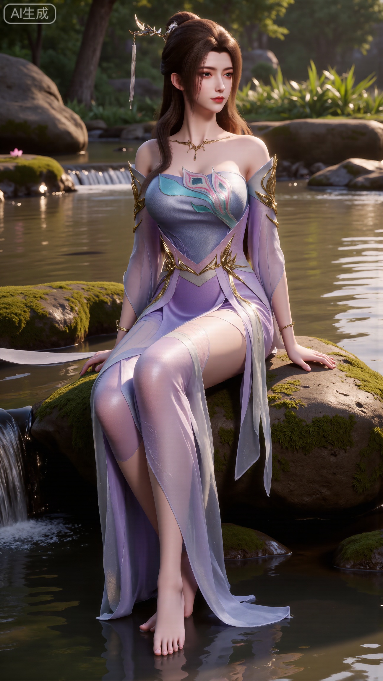 (masterpiece:1.3), ultra-detailed, 8k, photorealistic, best quality, cinematic lighting, volumetric sunlight, soft shadows, subsurface scattering, depth of field, A stunning young woman sits gracefully barefoot on a moss-covered rock beside a crystal-clear stream in a tranquil forest. The sunlight filters through the trees, casting dappled golden light on her smooth skin and the rippling water. She wears an exquisite long dress with fine pink and gold embroidery across the chest and short sleeves. Her long, dark hair flows naturally over her shoulders, softly illuminated by the warm light. Her bare feet touch the cool moss and shallow water, adding a sense of intimacy and realism. One hand rests gently on her hip, while the other holds a blooming lotus flower, her expression calm and serene. Mist rises gently from the water, with reflections dancing on the surface, creating a peaceful, ethereal atmosphere. (background with mossy stones, flowing stream, forest sunlight, soft haze, and gentle reflections:1.6), (realistic skin texture:1.3), (natural color tones:1.3), (film look:1.2) (huge breasts:2.99),(full breasts:2.99),,Xbigbreasts,XbaifengsongyuYH,XliuyuYH2,XanmyXM,XxuanyYH,XruotianzhuqueG,XxuanyiYH,XPolaroidFilmStyle,XtianqiongX,Xqingluo2,XyuqinH