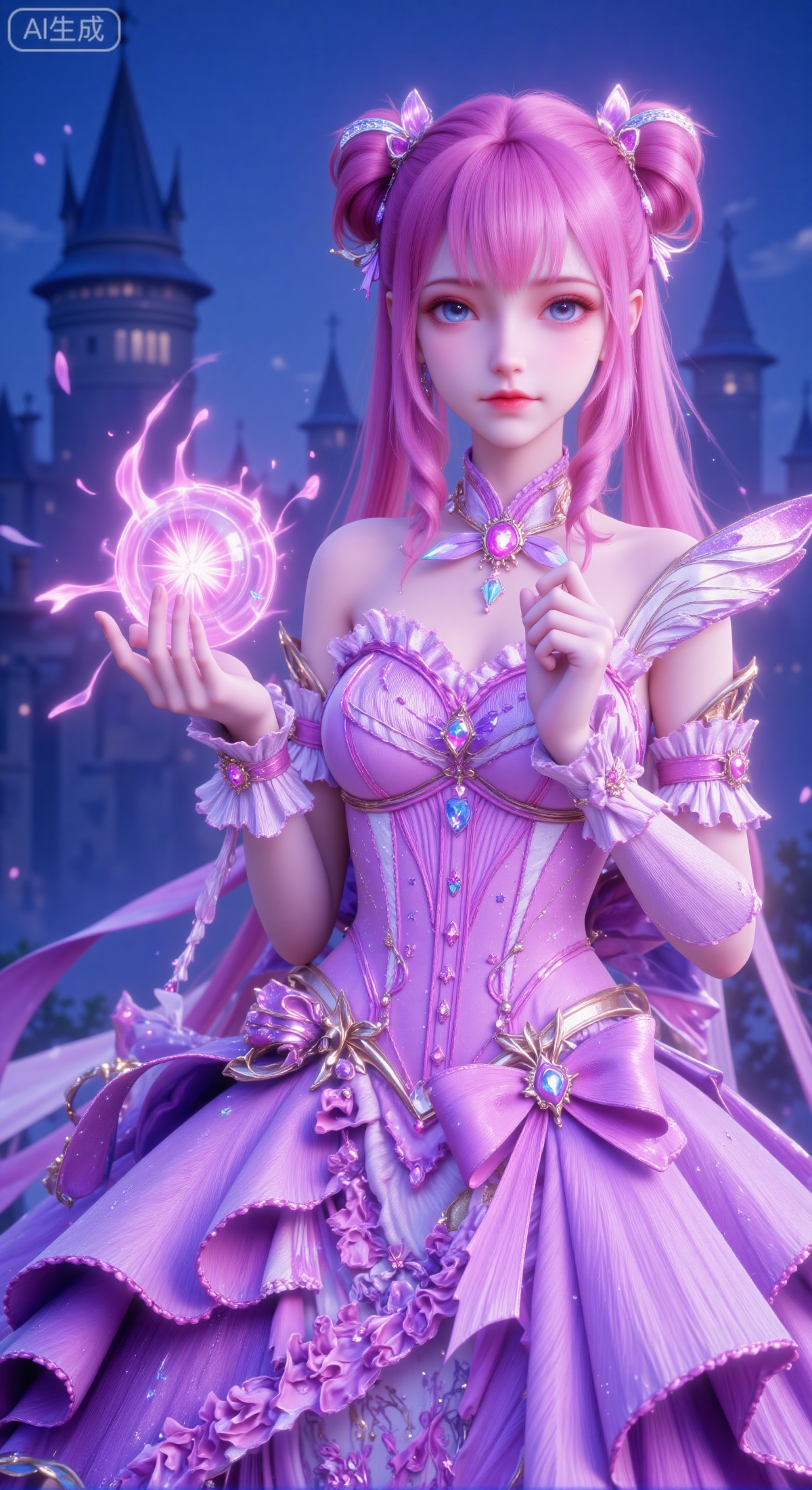 (masterpiece, best quality, ultra-detailed, 8k resolution, sharp focus), 1 girl in an elaborate pink and purple Lolita fashion dress. She has long pink twintails and wears a delicate bow hair accessory on her head. Her gaze is determined, looking straight ahead. She gently raises her left hand, holding a sphere of soft, glowing pink magical energy. The background is a hazy, deep blue hue, with the faint silhouettes of European-style spire castles, creating a mysterious and fantasy atmosphere. The girl is centered in the composition, dominating the visual space. The overall color scheme is dominated by pinks and purples, contrasted harmoniously with the cool tones of the background, making the girl's figure stand out. Fantasy style illustration, highly detailed, captivating light effect.,cye