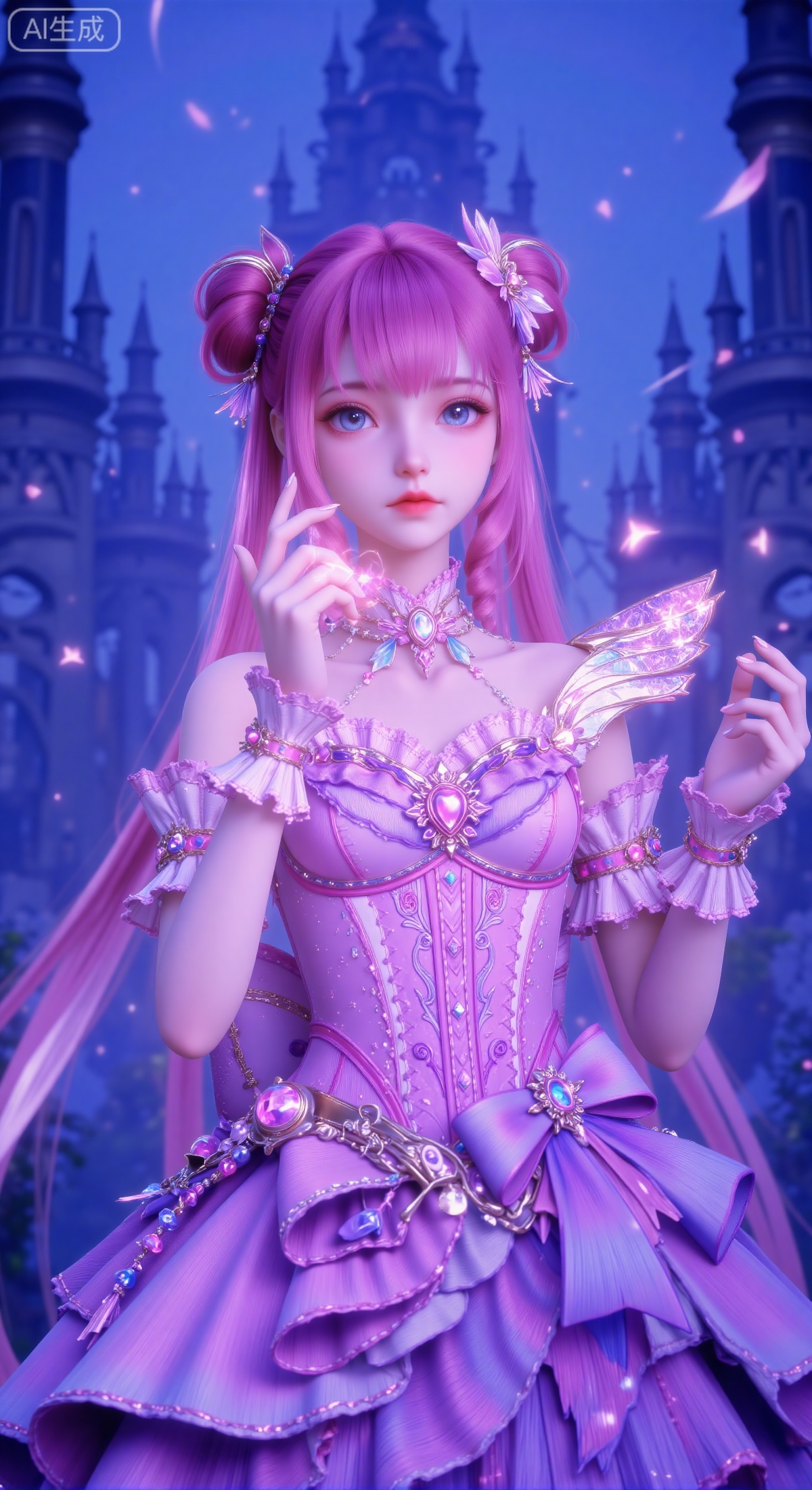 (masterpiece, best quality, ultra-detailed, 8k resolution, sharp focus), 1 girl in an elaborate pink and purple Lolita fashion dress. She has long pink twintails and wears a delicate bow hair accessory on her head. Her gaze is determined, looking straight ahead. She gently raises her left hand, holding a sphere of soft, glowing pink magical energy. The background is a hazy, deep blue hue, with the faint silhouettes of European-style spire castles, creating a mysterious and fantasy atmosphere. The girl is centered in the composition, dominating the visual space. The overall color scheme is dominated by pinks and purples, contrasted harmoniously with the cool tones of the background, making the girl's figure stand out. Fantasy style illustration, highly detailed, captivating light effect.,cye