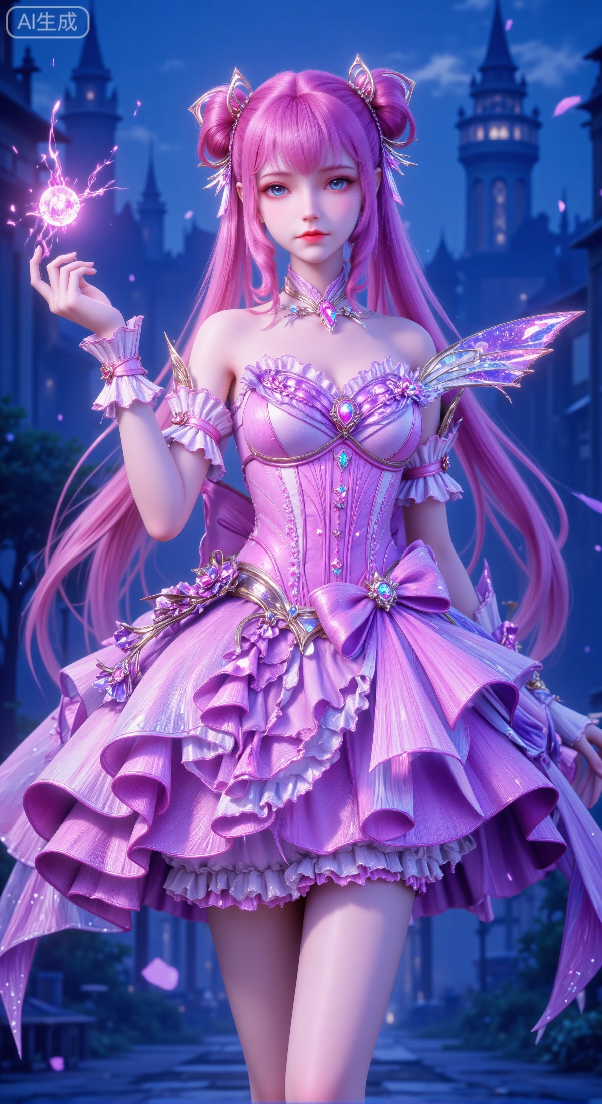 (masterpiece, best quality, ultra-detailed, 8k resolution, sharp focus), 1 girl in an elaborate pink and purple Lolita fashion dress. She has long pink twintails and wears a delicate bow hair accessory on her head. Her gaze is determined, looking straight ahead. She gently raises her left hand, holding a sphere of soft, glowing pink magical energy. The background is a hazy, deep blue hue, with the faint silhouettes of European-style spire castles, creating a mysterious and fantasy atmosphere. The girl is centered in the composition, dominating the visual space. The overall color scheme is dominated by pinks and purples, contrasted harmoniously with the cool tones of the background, making the girl's figure stand out. Fantasy style illustration, highly detailed, captivating light effect.,cye