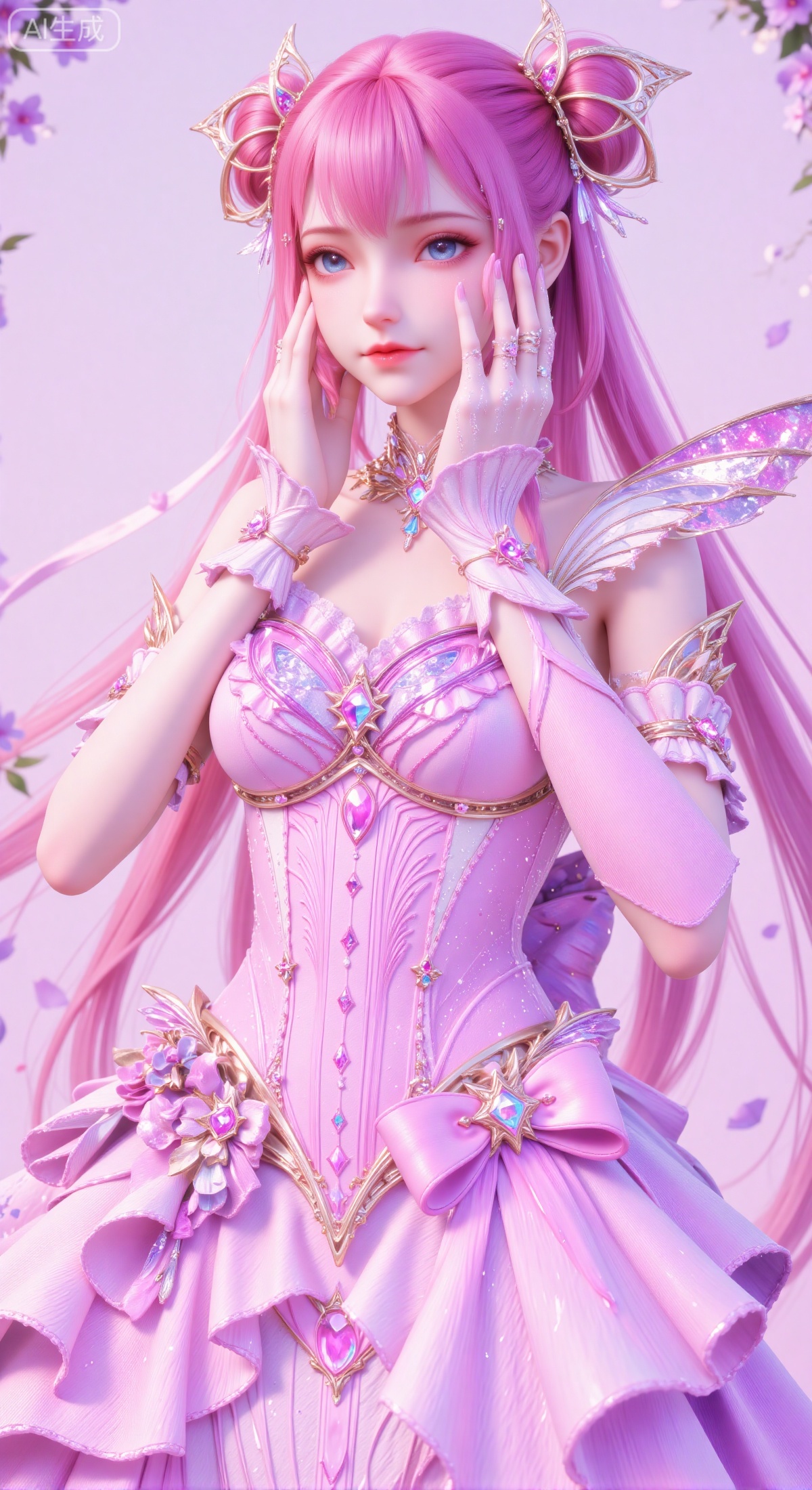 (masterpiece, best quality, ultra-detailed, 8k resolution, sharp focus), 1 cute and sweet anime-style girl with elaborate pink long hair. She wears ornate golden butterfly-wing-shaped hair accessories on both sides of her head. Her attire is a pink-based, form-fitting bodice dress, lavishly decorated with shiny gems, golden trims, and frilly lace details. She wears matching lace gloves, and with one hand, she gently touches her own cheek. She looks at the viewer with a soft gaze and a warm smile, in an intimate pose. The background is a soft, blurred gradient of lavender and pink, dotted with some green leaves and small purple flowers. Centered composition. The color palette is bright and soft, with dreamy lighting, creating a luxurious, sweet, and dreamy atmosphere. Anime illustration, extremely detailed.
