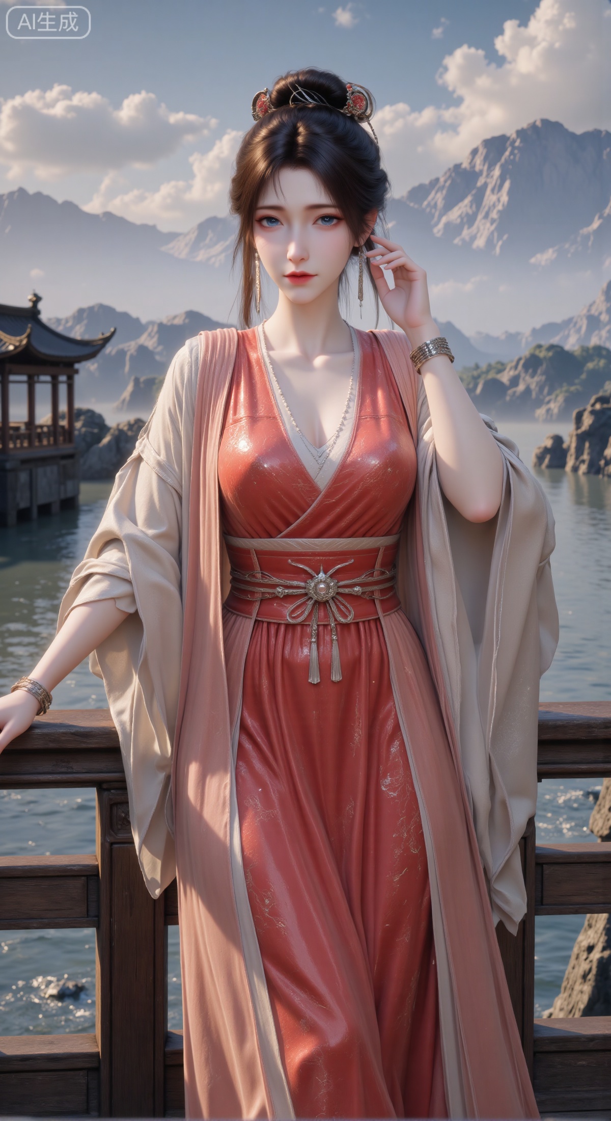 (masterpiece, best quality, ultra-detailed, 8k resolution, sharp focus, cinematic lighting), an elegant ancient Chinese beauty in a classical setting. She wears a red patterned top under a light, sheer long robe, with a silver necklace. Her hair is styled in a high updo with delicate hair accessories, and she wears a bracelet on her wrist. She is leaning against an aged wooden railing on a platform, one hand gently touching her forehead, the other extended naturally, gazing thoughtfully into the distance over the water. The backdrop features classical pavilions and architecture by a broad, misty body of water. The composition emphasizes her expression and pose. The color palette is harmonious, contrasting the red and light tones of her clothing with the blues and browns of the background, creating a serene, refined, and story-rich classical atmosphere. Style of traditional Chinese Gongbi painting, extremely detailed.,mpl