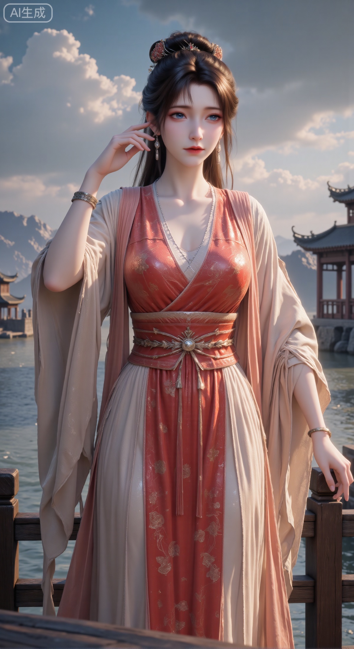 (masterpiece, best quality, ultra-detailed, 8k resolution, sharp focus, cinematic lighting), an elegant ancient Chinese beauty in a classical setting. She wears a red patterned top under a light, sheer long robe, with a silver necklace. Her hair is styled in a high updo with delicate hair accessories, and she wears a bracelet on her wrist. She is leaning against an aged wooden railing on a platform, one hand gently touching her forehead, the other extended naturally, gazing thoughtfully into the distance over the water. The backdrop features classical pavilions and architecture by a broad, misty body of water. The composition emphasizes her expression and pose. The color palette is harmonious, contrasting the red and light tones of her clothing with the blues and browns of the background, creating a serene, refined, and story-rich classical atmosphere. Style of traditional Chinese Gongbi painting, extremely detailed.,mpl