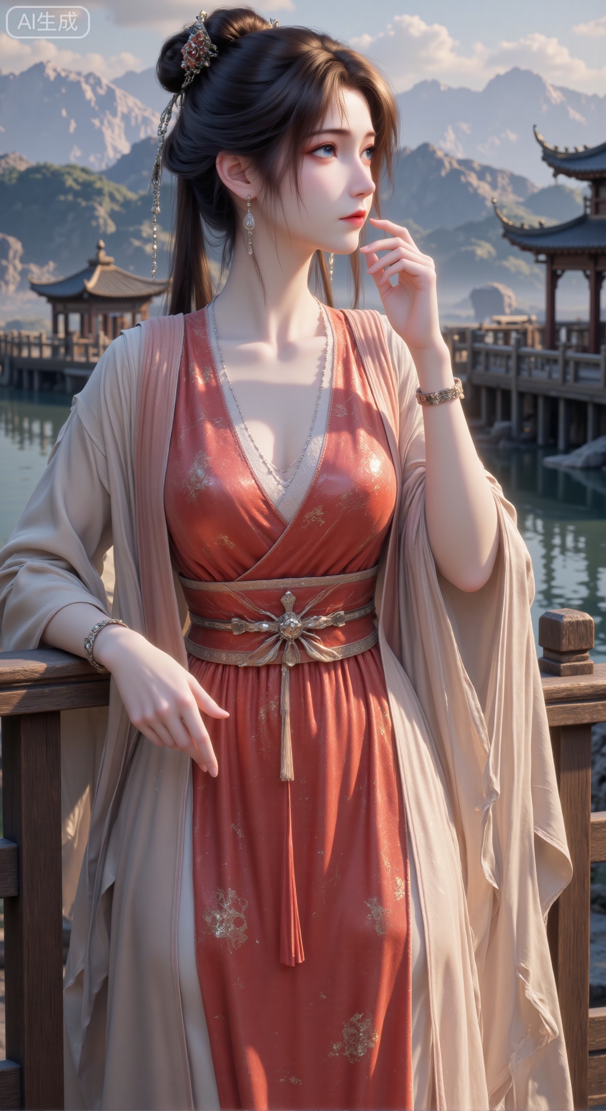 (masterpiece, best quality, ultra-detailed, 8k resolution, sharp focus, cinematic lighting), an elegant ancient Chinese beauty in a classical setting. She wears a red patterned top under a light, sheer long robe, with a silver necklace. Her hair is styled in a high updo with delicate hair accessories, and she wears a bracelet on her wrist. She is leaning against an aged wooden railing on a platform, one hand gently touching her forehead, the other extended naturally, gazing thoughtfully into the distance over the water. The backdrop features classical pavilions and architecture by a broad, misty body of water. The composition emphasizes her expression and pose. The color palette is harmonious, contrasting the red and light tones of her clothing with the blues and browns of the background, creating a serene, refined, and story-rich classical atmosphere. Style of traditional Chinese Gongbi painting, extremely detailed.,mpl