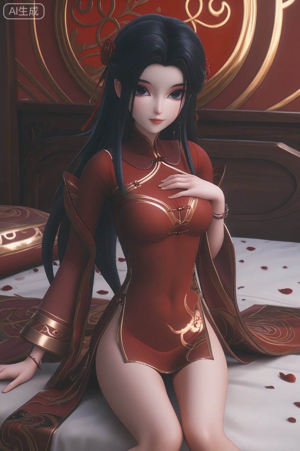 masterpiece, best quality, masterpiece,best quality,official art,extremely detailed CG unity 8k wallpaper,1girl,solo,long hair,looking at viewer,black hair,long sleeves,wide sleeves,red dress,china dress,on bed,knees up,flower,petals,bracelet,hand on own chest, facing viewer,faceoff,breasts, medium breasts, 