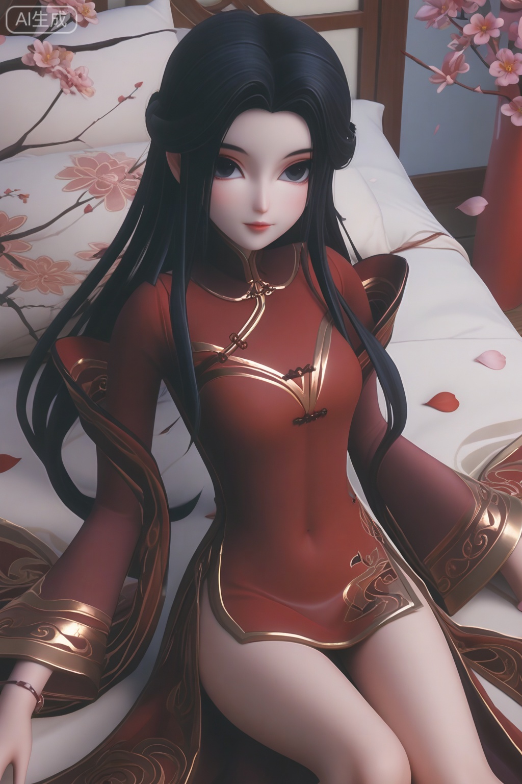 masterpiece, best quality, masterpiece,best quality,official art,extremely detailed CG unity 8k wallpaper,1girl,solo,long hair,looking at viewer,black hair,long sleeves,wide sleeves,red dress,china dress,bed,knees up,flower,petals,bracelet,upper body