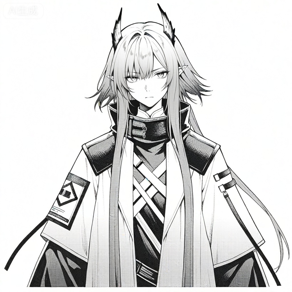 masterpiece, best quality,solo,white background,simple_background,full_body
,monochrome,greyscale,arknights_operators,manga_style,