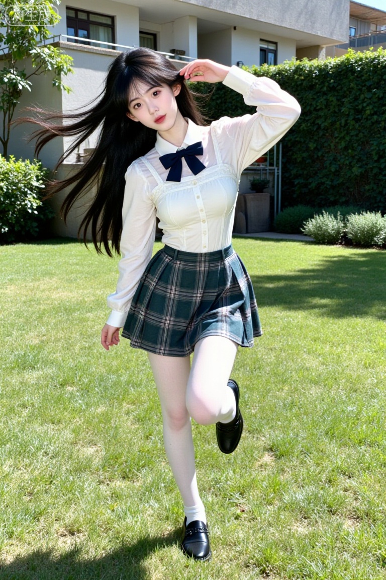 a young woman with long black hair,huge breasts,school uniform,Collared white shirt,bowtie,white pantyhose,plaid skirt,legs,wind,standing,black loafers,knee up,lawn,sun