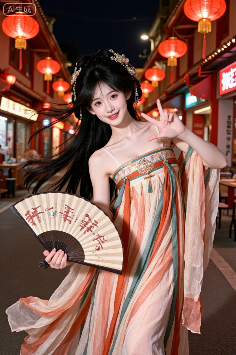 a young woman,hansha,Chinese clothes,long black hair,looking at viewer,hair ornament,V-gesture,smile,glowing lanterns,street,night,hand fan