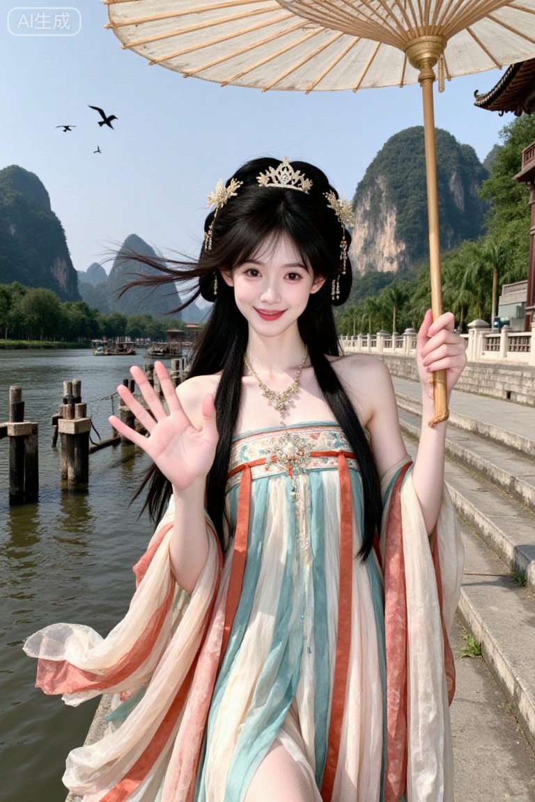 a young woman,hansha, long black hair, looking at viewer, smile, hair ornament, dress, bare shoulders, jewelry, earrings, outdoors, sky, necklace, bird,holding umbrella, chinese clothes, mountain, waving,  hanfu