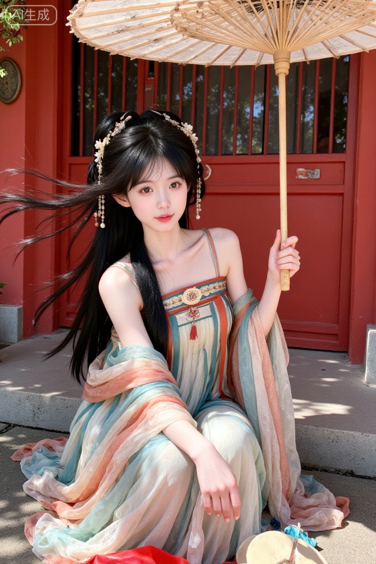 a young woman,long black hair,looking at viewer,sitting,hair accessories,squatting,temple,red wall,holding oil paper umbrella