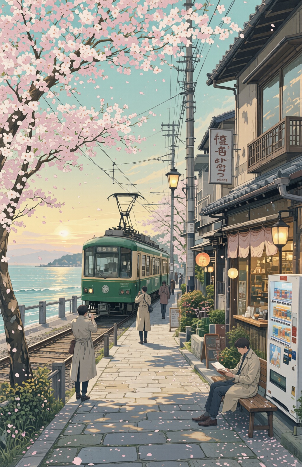 超高清插画,  春日清晨的日本镰仓海边小镇,  淡青与浅金渐变的晨光天空 on Tensor.Art