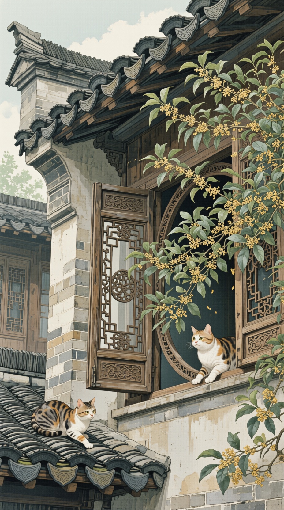 Igor风格插画,  云淡风轻,  左边是古色古香 on Tensor.Art