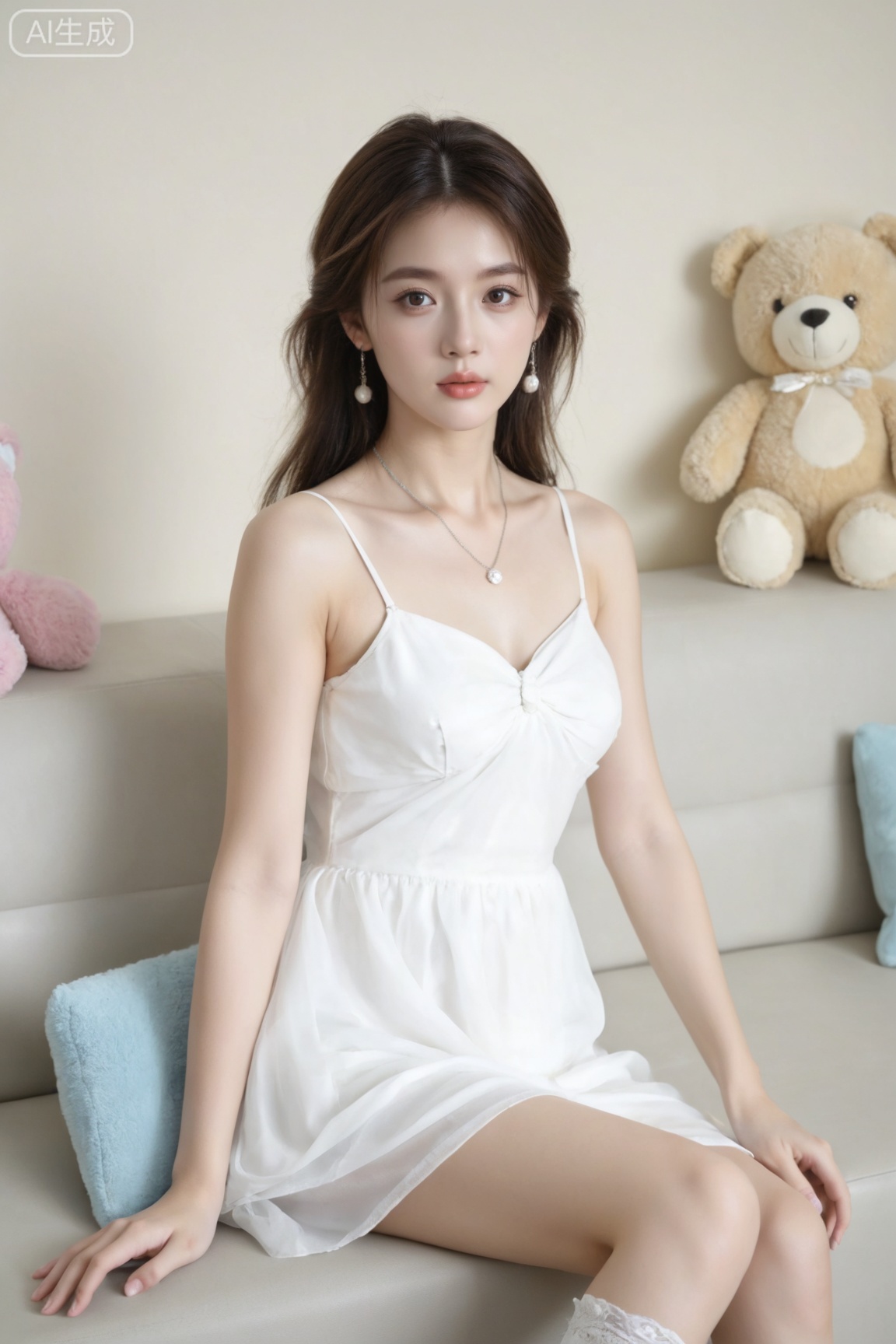 1girl, solo, looking at viewer, brown hair, brown eyes, jewelry, earrings, lips, dress, brown eyes, jewelry, sitting, socks, indoors, necklace, stuffed toy, stuffed animal, couch, realistic, (masterpiece, best quality, ultra high res, 8k, uhd, absurdres),photorealistic (realistic skin texture, subtle skin details, natural skin reflection, healthy skin tone, unretouched look, matte skin),DSLR style,aesthetic,highly detailed (detailed anatomy),