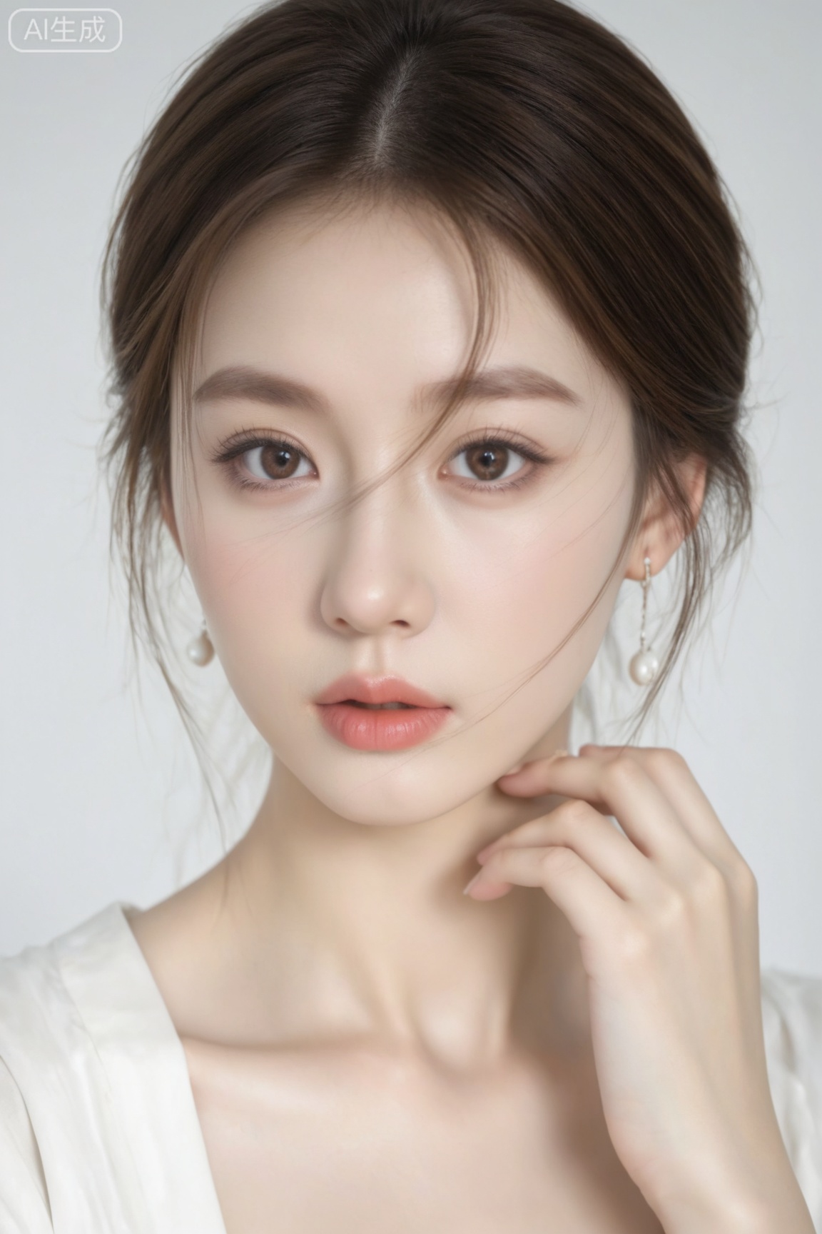 1girl, solo, looking at viewer, brown hair,  brown eyes, jewelry, earrings, lips,
realistic, (masterpiece, best quality, ultra high res, 8k, uhd, absurdres),photorealistic (realistic skin texture, subtle skin details, natural skin reflection, healthy skin tone, unretouched look, matte skin),DSLR style,aesthetic,highly detailed (detailed anatomy),