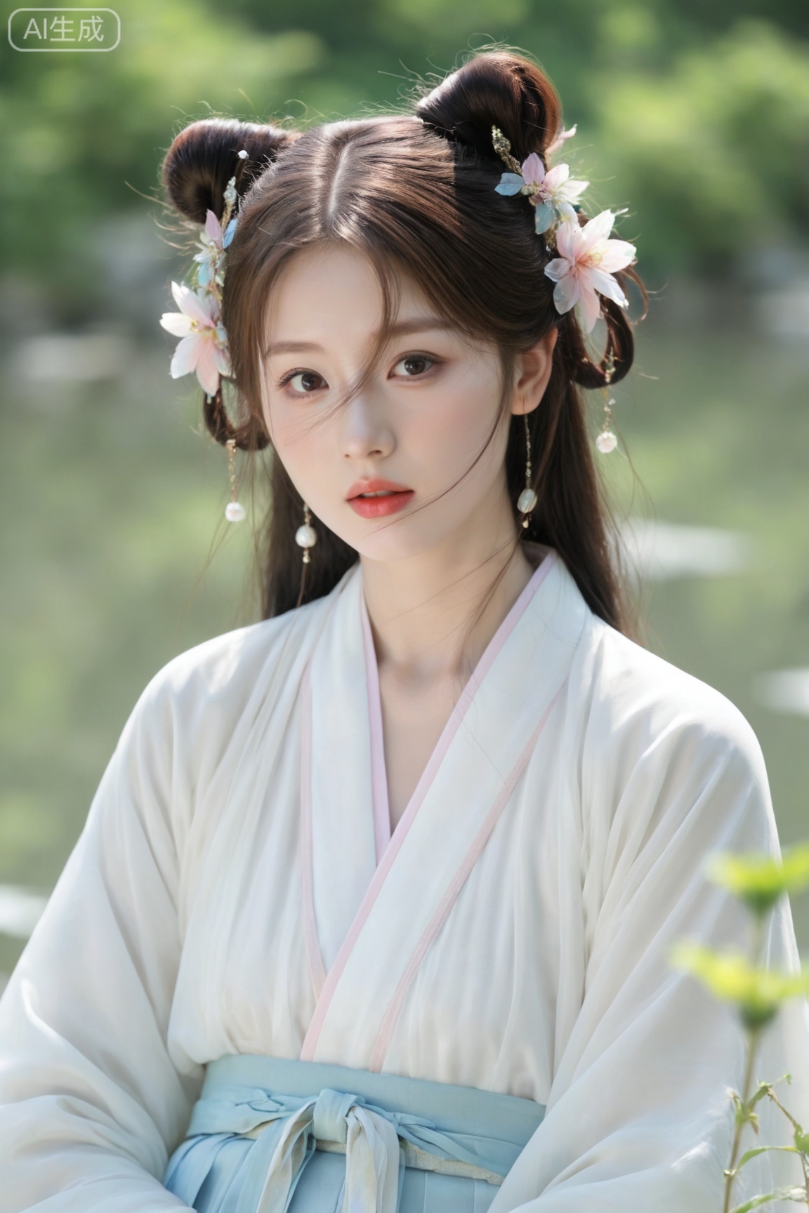 1girl, solo, long hair, looking at viewer, brown hair, hair ornament, long sleeves, upper body, flower, outdoors, parted lips, hair flower, wide sleeves, hair bun, blurry, double bun, blurry background, chinese clothes, hair rings, realistic, hanfu, 
ultra high res, 8k, uhd, absurdres),photorealistic (realistic skin texture, subtle skin details, natural skin reflection, healthy skin tone, unretouched look, matte skin),DSLR style,aesthetic,highly detailed (detailed anatomy),