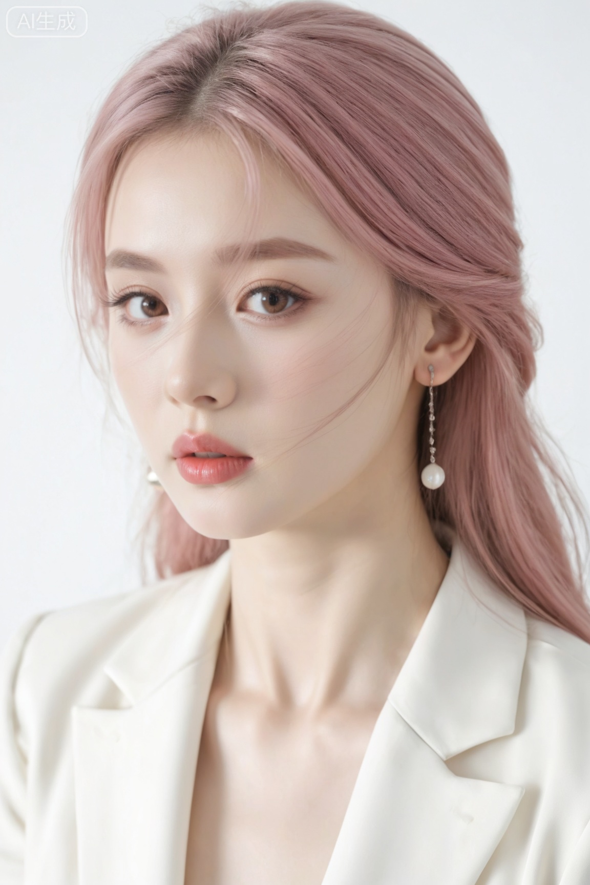 1girl, solo, long hair, looking at viewer, simple background, white background, brown eyes, jewelry, pink hair, earrings, parted lips, lips, formal, suit, realistic, (masterpiece, best quality, ultra high res, 8k, uhd, absurdres),photorealistic (realistic skin texture, subtle skin details, natural skin reflection, healthy skin tone, unretouched look, matte skin),DSLR style,aesthetic,highly detailed (detailed anatomy),