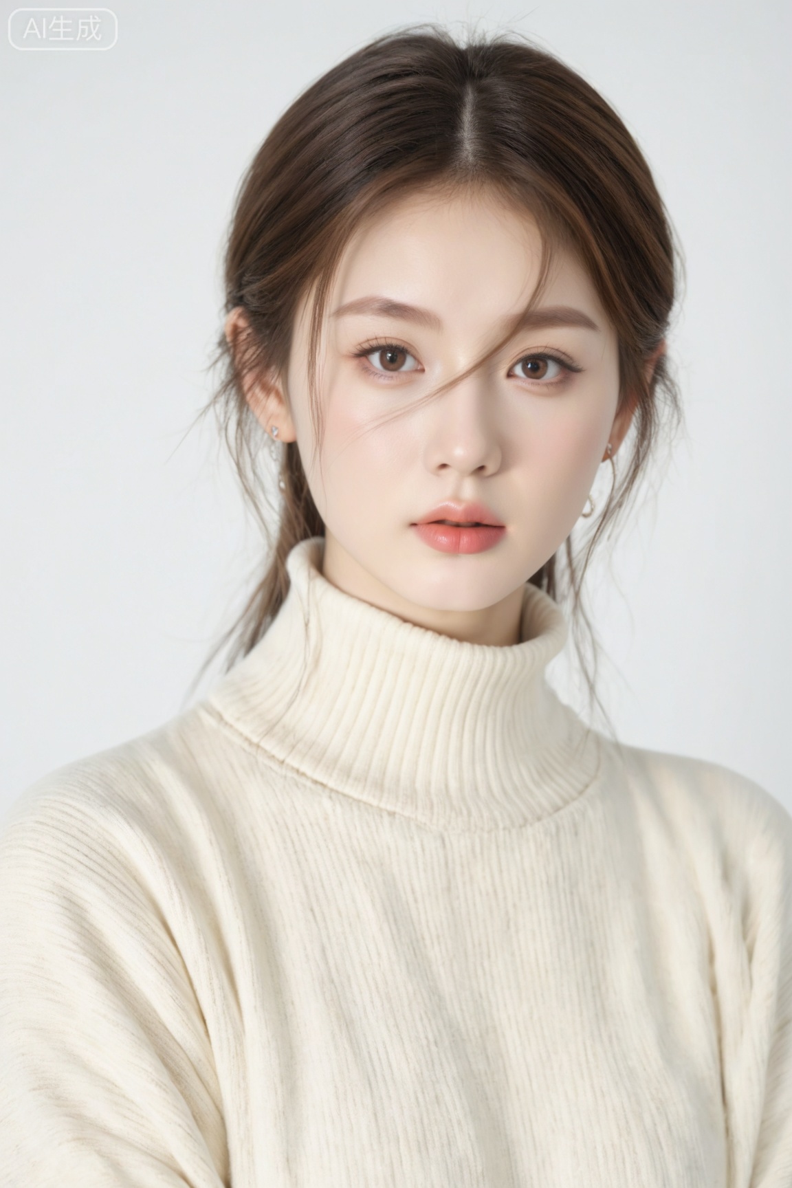 1girl, solo, looking at viewer, simple background, brown hair, hair between eyes, brown eyes, jewelry, upper body, earrings, sweater, lips, turtleneck, turtleneck sweater, realistic, white sweater, realistic, (masterpiece, best quality, ultra high res, 8k, uhd, absurdres),photorealistic (realistic skin texture, subtle skin details, natural skin reflection, healthy skin tone, unretouched look, matte skin),DSLR style,aesthetic,highly detailed (detailed anatomy),