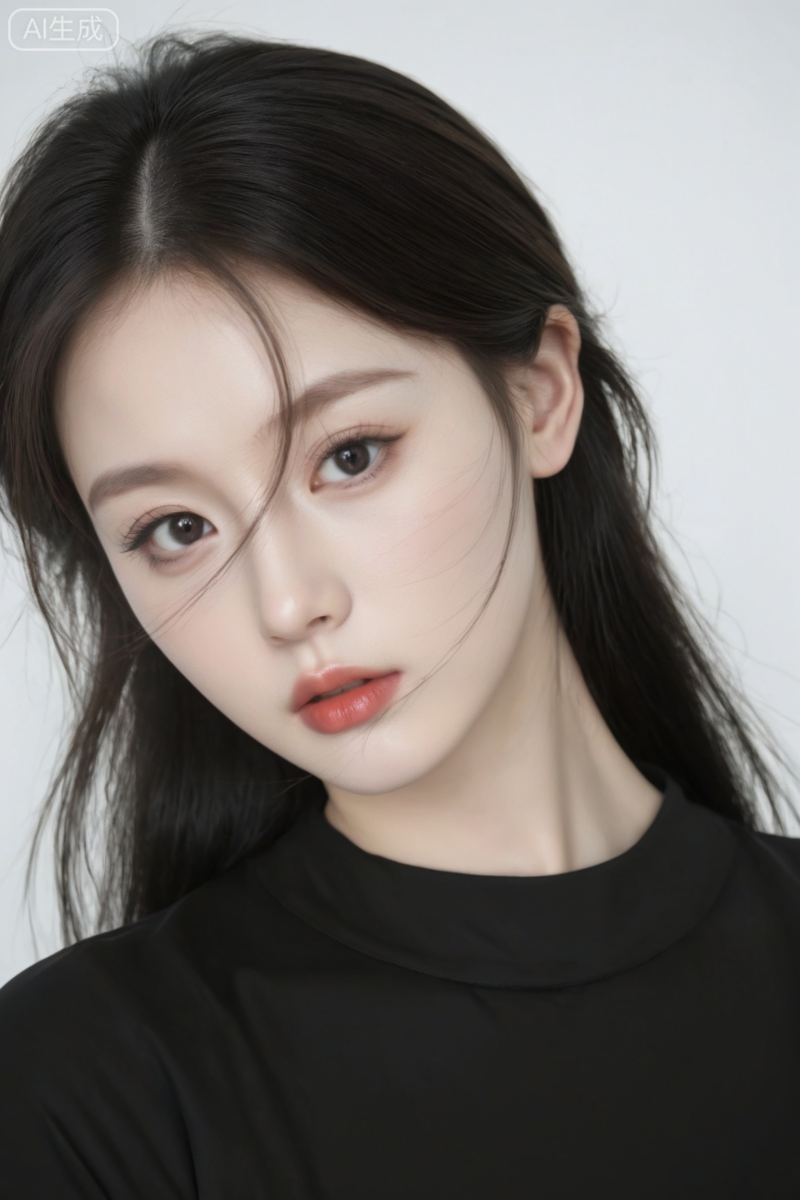 1girl, solo, long hair, looking at viewer, simple background, shirt, black hair, hair between eyes, upper body, parted lips, black eyes, lips, black shirt, realistic, nose, red lips, 
ultra high res, 8k, uhd, absurdres),photorealistic (realistic skin texture, subtle skin details, natural skin reflection, healthy skin tone, unretouched look, matte skin),DSLR style,aesthetic,highly detailed (detailed anatomy),
