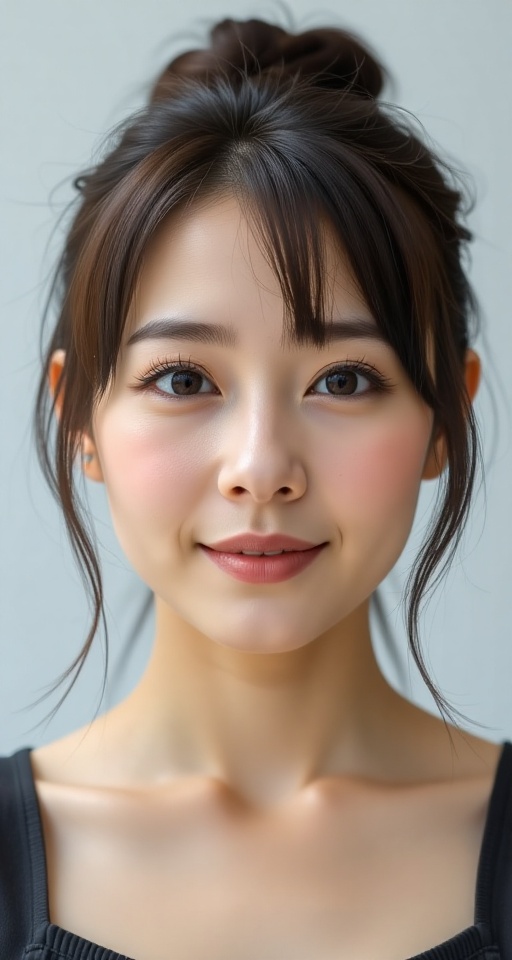 Generate a real-world photograph realistic photography 1girl solo looking at viewer smile bun hair brown hair brown eyes c...