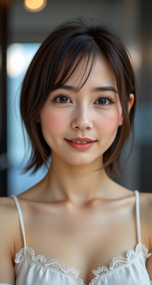 Generate a real-world photograph realistic photography 1girl solo looking at viewer smile short hair brown hair brown eyes...