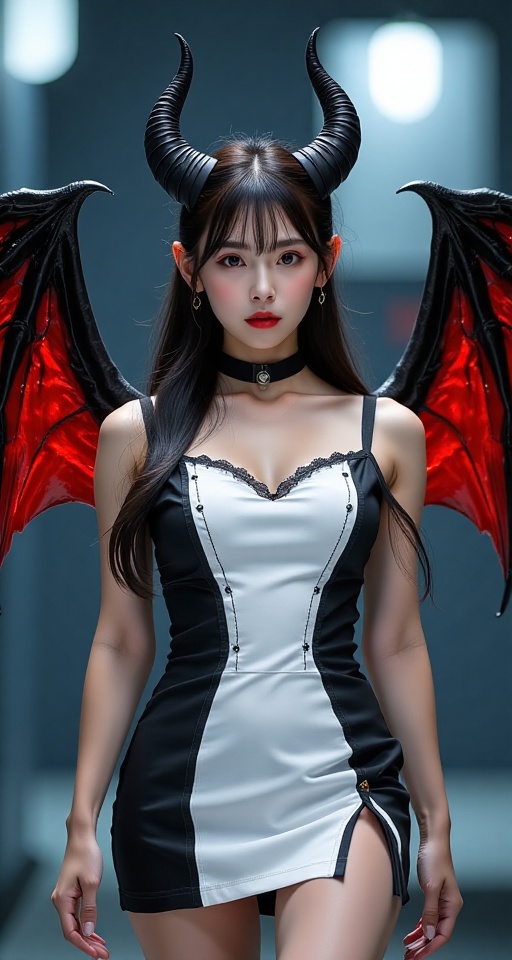 Create a high-resolution,  ultra-detailed image of a 1girl solo long hair black hair dress wings horns choker demon horns...