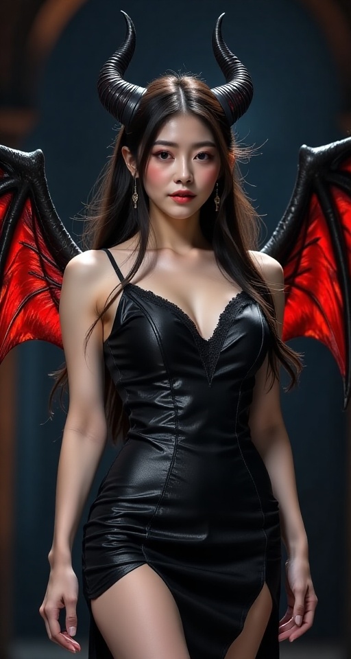 Create a high-resolution,  ultra-detailed image of a 1girl solo long hair black hair dress earrings wings horns demon wing...