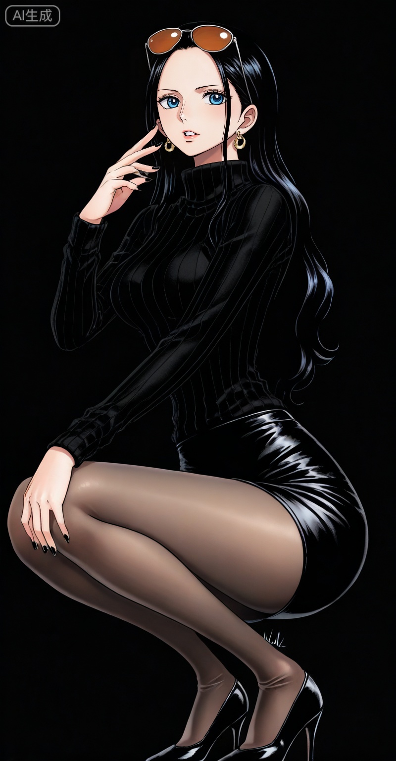 Nico Robin one piece,Nico Robin \(one piece\),nico robin,1girl,eyewear on head,solo,sunglasses,blue eyes,black hair,long hair,
1girl,solo,pantyhose,high heels,looking at viewer,black footwear,squatting,sweater,ull body,parted lips,black sweater,earrings,signature,black nails,long sleeves,parted bangs,jewelry,pencil skirt,skirt,bangs,turtleneck,nail polish,black pantyhose,dress,(Black background:1.2),simple background,

 
depth of field,masterpiece,best quality,very aesthetic,alternate costume,alternate costume,2024,2023,perfect composition,ultra-detailed,extreme aesthetic,masterpiece,best quality,good quality,newest,year 2024,year 2023,very aesthetic,absurdres,looking_at_viewer,colorful,