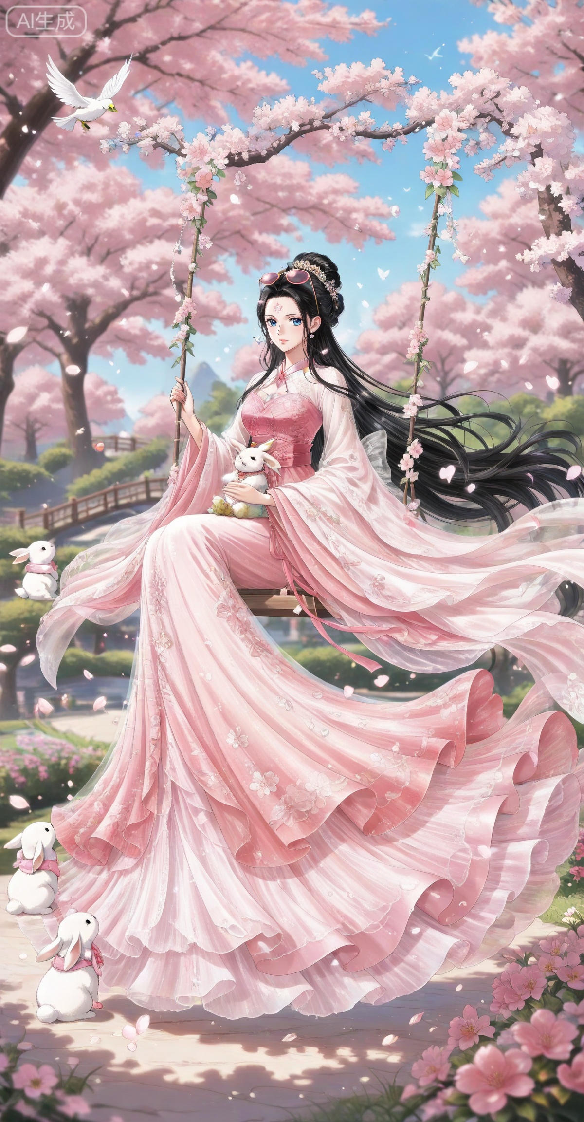 Nico Robin one piece,Nico Robin \(one piece\),nico robin,long hair,eyewear on head,black hair,blue eyes,
lvjing, 1girl, long hair, dress, rabbit, flower, sitting, pink dress, hair ornament, swing, black hair, cherry blossoms, solo, pink flower, hair bun, falling petals, petals, branch, tree, bird, forehead mark, holding, butterfly, full body, 18
 depth of field,masterpiece,best quality,very aesthetic,alternate costume,alternate costume,2024,2023,perfect composition,ultra-detailed,extreme aesthetic,masterpiece,best quality,good quality,newest,year 2024,year 2023,very aesthetic,absurdres,looking_at_viewer,colorful,,lvjing,


