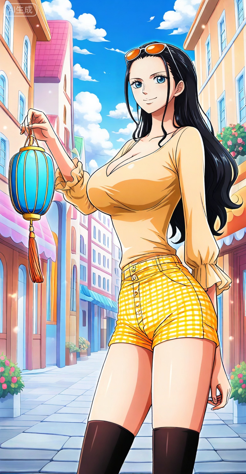 Nico Robin one piece, Nico Robin \(one piece\), nico robin, 1girl, black hair, shorts, eyewear on head, long hair, solo, thighhighs, breasts, outdoors, black thighhighs, large breasts, day, shirt, smile, holding, short shorts, looking at viewer, blue eyes, sunglasses, yellow shirt, plaid, yellow shorts, collarbone, sky, orange shorts, cleavage, long sleeves, closed mouth, blue sky, hair slicked back, cloud,
depth of field,masterpiece,best quality,very aesthetic,alternate costume,alternate costume,2024,2023,perfect composition,ultra-detailed,extreme aesthetic,masterpiece,best quality,good quality,newest,year 2024,year 2023,very aesthetic,absurdres,looking_at_viewer,colorful,