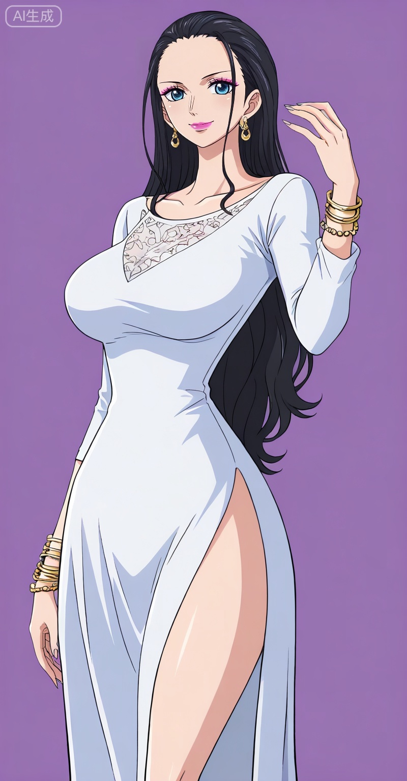 Nico Robin one piece, Nico Robin \(one piece\), nico robin, 1girl, solo, black hair, long hair, dress, jewelry, hair slicked back, breasts, white dress, purple background, looking at viewer, bracelet, earrings, collarbone, blue eyes, side slit, long dress, smile, long sleeves, standing, large breasts, simple background, makeup, closed mouth, fingernails, hand up, forehead,
depth of field,masterpiece,best quality,very aesthetic,alternate costume,alternate costume,2024,2023,perfect composition,ultra-detailed,extreme aesthetic,masterpiece,best quality,good quality,newest,year 2024,year 2023,very aesthetic,absurdres,looking_at_viewer,colorful,