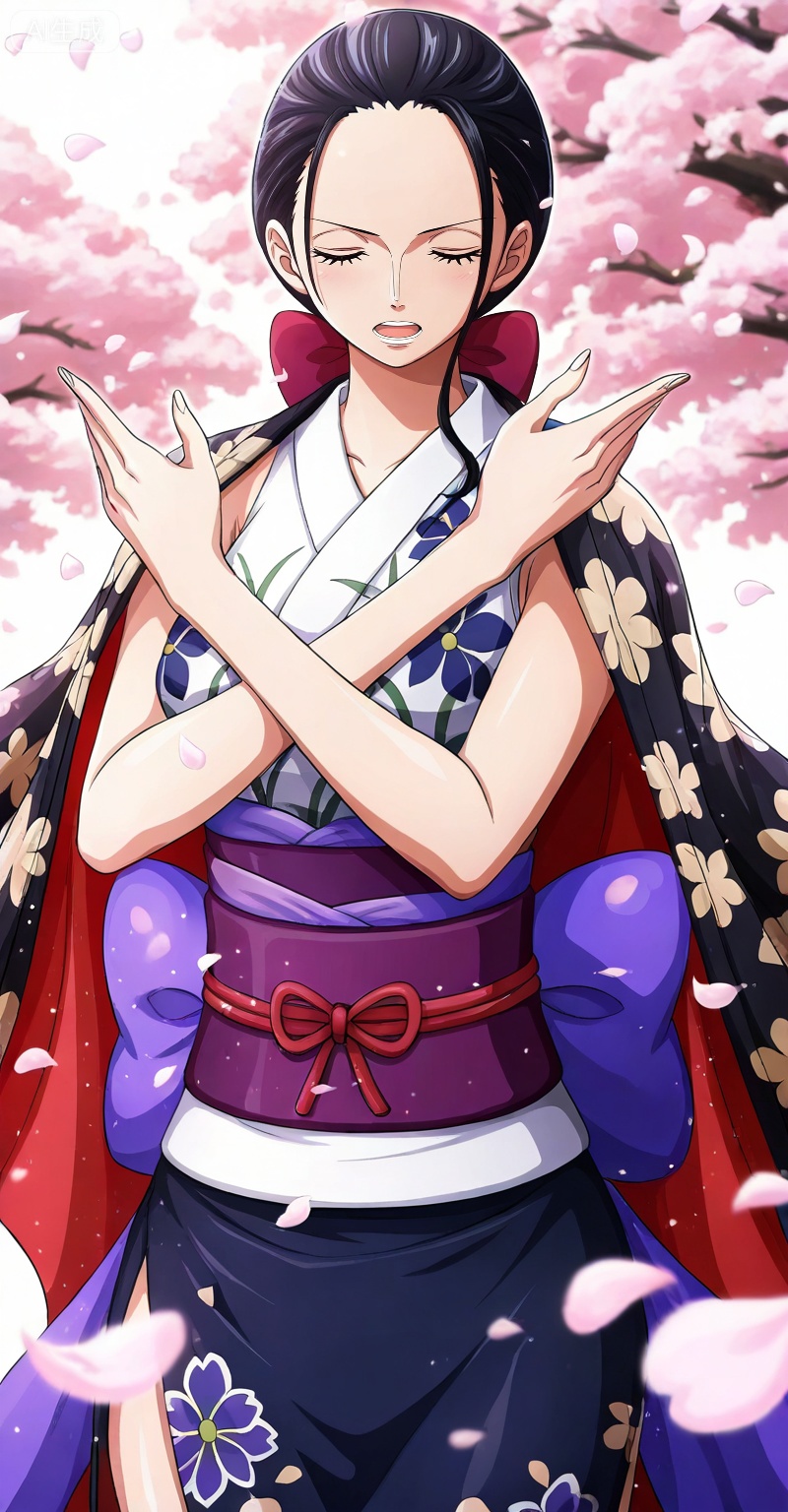 Nico Robin one piece, Nico Robin \(one piece\), nico robin, 1girl, black hair, japanese clothes, kimono, solo, closed eyes, petals, open mouth, sash, purple sash, sleeveless kimono, floral print, obi,
depth of field,masterpiece,best quality,very aesthetic,alternate costume,alternate costume,2024,2023,perfect composition,ultra-detailed,extreme aesthetic,masterpiece,best quality,good quality,newest,year 2024,year 2023,very aesthetic,absurdres,looking_at_viewer,colorful,