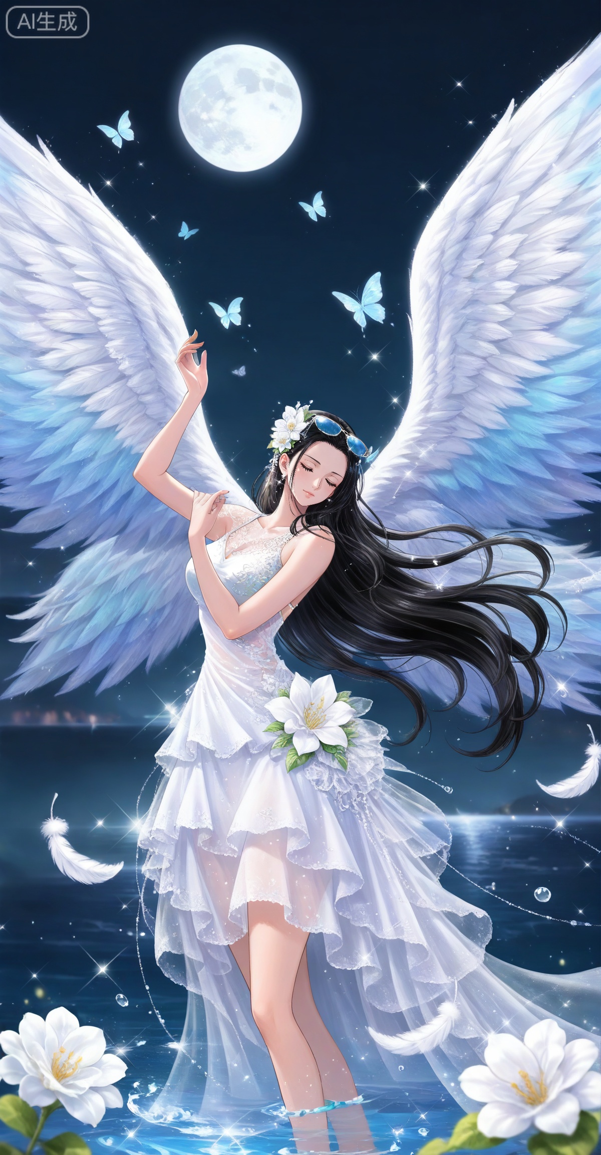 Nico Robin one piece,Nico Robin \(one piece\),nico robin,long hair,eyewear on head,black hair,blue eyes,
lvjing, 1girl, dress, flower, butterfly, bug, solo, white dress, wings, sparkle, hair ornament, moon, water, feathers, closed eyes, hair flower, white flower, angel wings, arm up, 26
 depth of field,masterpiece,best quality,very aesthetic,alternate costume,alternate costume,2024,2023,perfect composition,ultra-detailed,extreme aesthetic,masterpiece,best quality,good quality,newest,year 2024,year 2023,very aesthetic,absurdres,looking_at_viewer,colorful,,lvjing,


