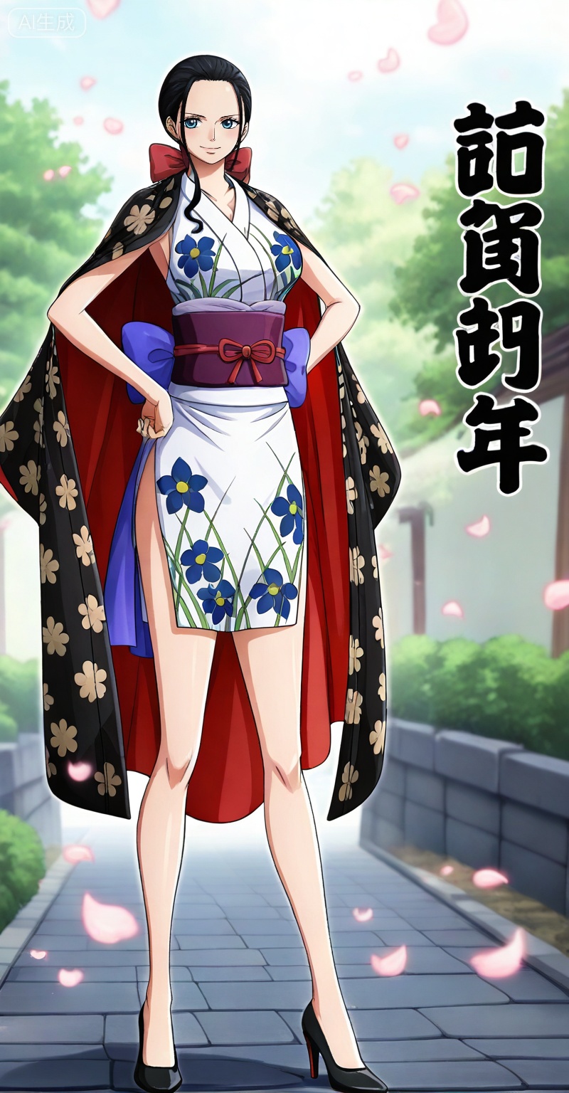 Nico Robin one piece, Nico Robin \(one piece\), nico robin, 1girl, solo, black hair, japanese clothes, kimono, full body, looking at viewer, hand on own hip, floral print, sleeveless kimono, sash, long hair, sleeveless, bow, standing, blue eyes, hair bow, smile, breasts, petals, red bow, black footwear, high heels, ribbon,
depth of field,masterpiece,best quality,very aesthetic,alternate costume,alternate costume,2024,2023,perfect composition,ultra-detailed,extreme aesthetic,masterpiece,best quality,good quality,newest,year 2024,year 2023,very aesthetic,absurdres,looking_at_viewer,colorful,