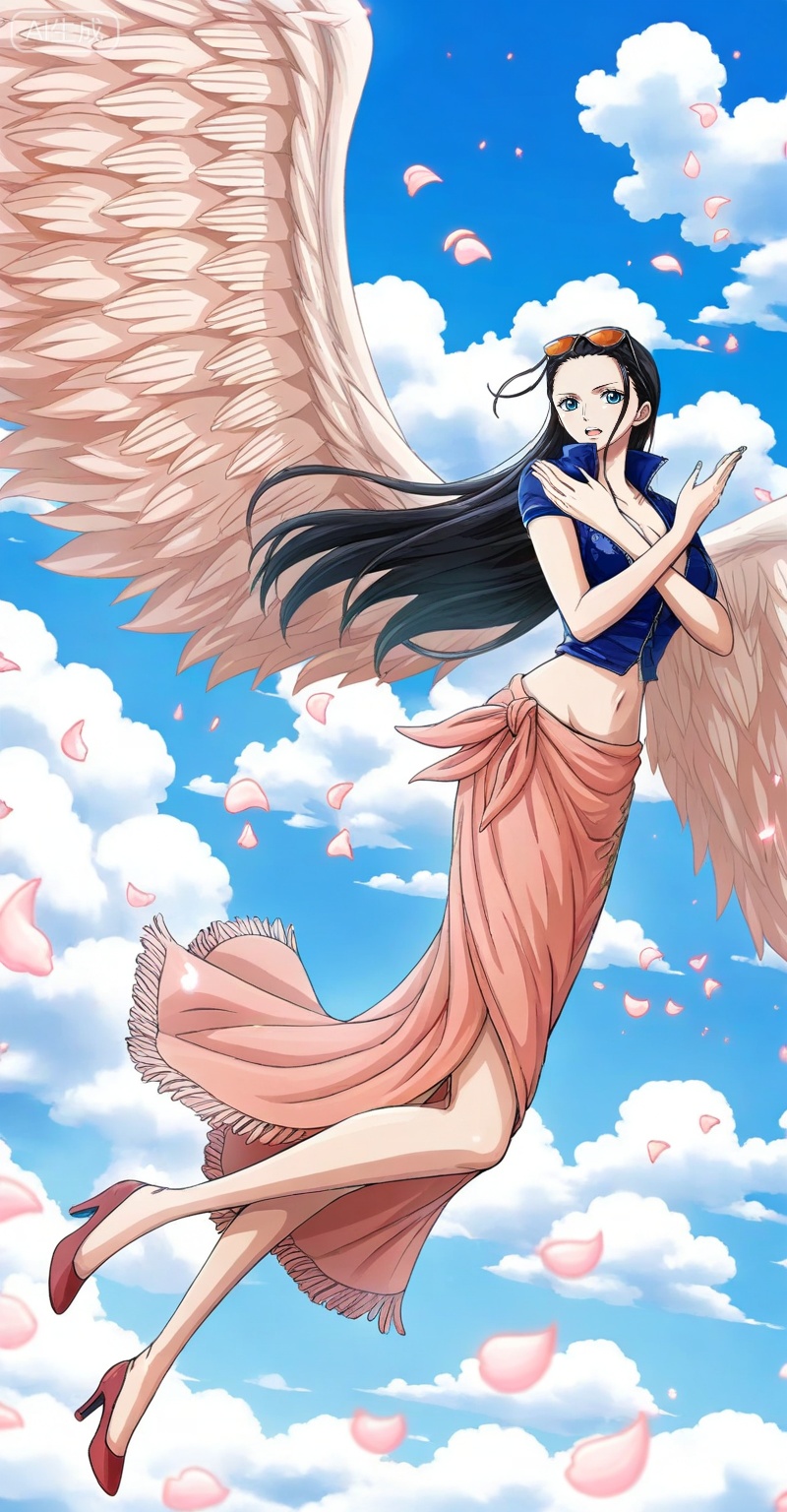 Nico Robin one piece, Nico Robin \(one piece\), nico robin, 1girl, black hair, long hair, wings, eyewear on head, crop top, high heels, sunglasses, solo, petals, midriff, sky, extra arms, hair slicked back, full body, cloud, blue eyes, blue sky, navel, open mouth, jacket, feathered wings, day, short sleeves, shirt, looking at viewer,
depth of field,masterpiece,best quality,very aesthetic,alternate costume,alternate costume,2024,2023,perfect composition,ultra-detailed,extreme aesthetic,masterpiece,best quality,good quality,newest,year 2024,year 2023,very aesthetic,absurdres,looking_at_viewer,colorful,