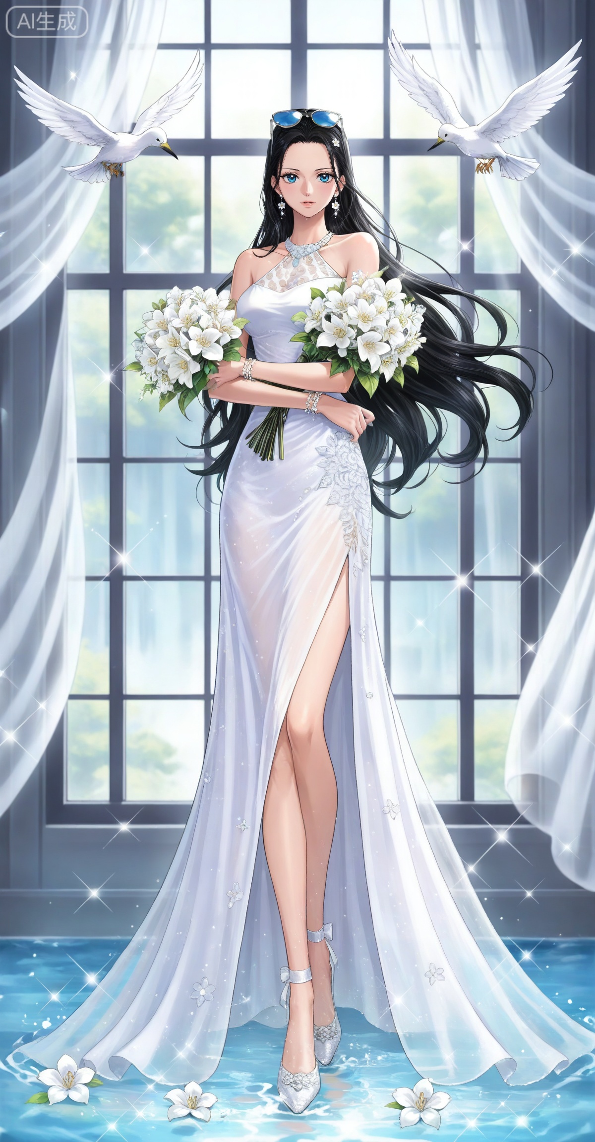 Nico Robin one piece,Nico Robin \(one piece\),nico robin,long hair,eyewear on head,black hair,blue eyes,
lvjing, 1girl, blonde hair, long hair, dress, flower, solo, white dress, bird, window, curtains, jewelry, white flower, bouquet, holding, full body, sparkle, bare shoulders, earrings, water, holding bouquet, 57
 depth of field,masterpiece,best quality,very aesthetic,alternate costume,alternate costume,2024,2023,perfect composition,ultra-detailed,extreme aesthetic,masterpiece,best quality,good quality,newest,year 2024,year 2023,very aesthetic,absurdres,looking_at_viewer,colorful,,lvjing,



