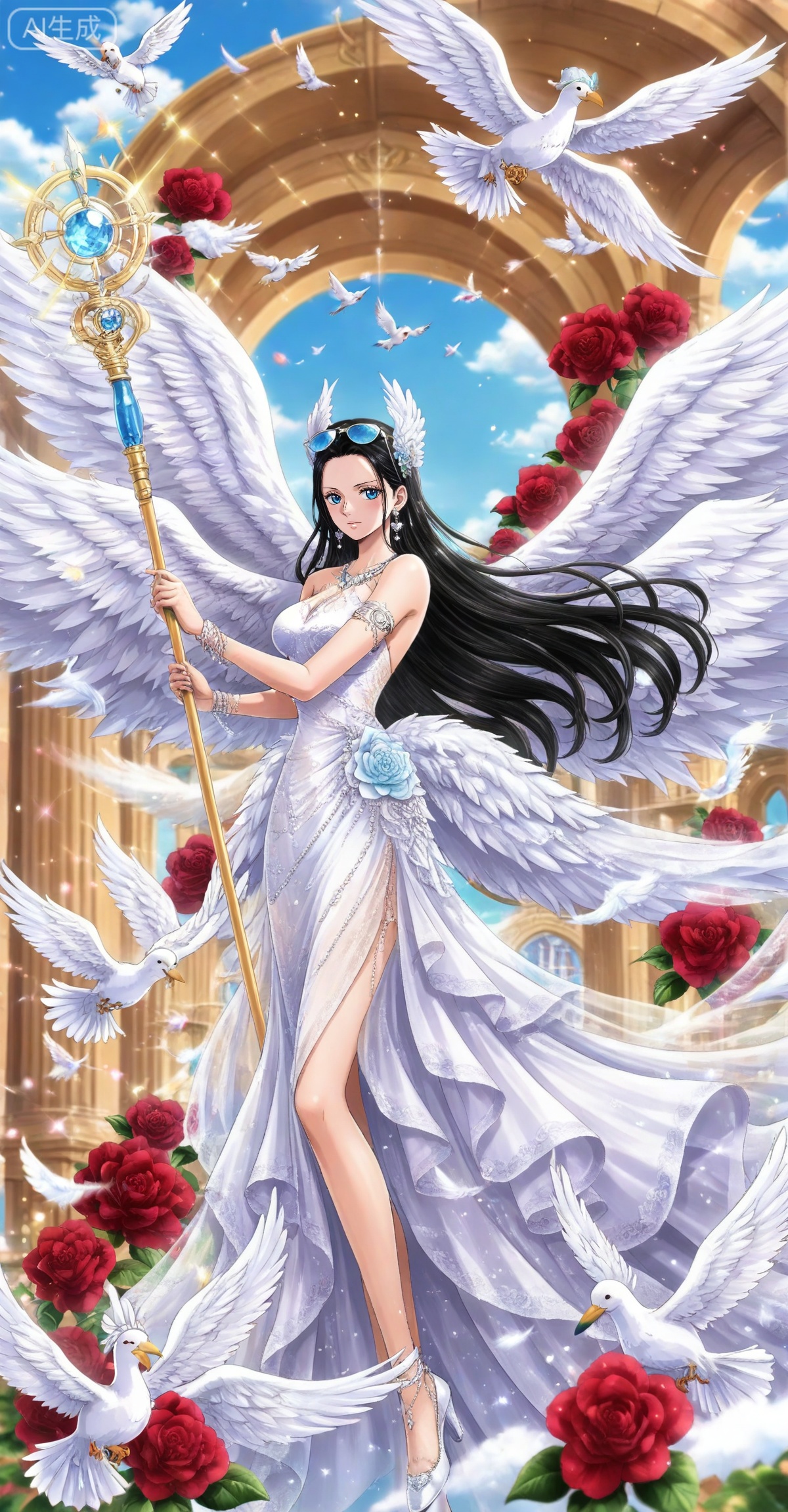 Nico Robin one piece,Nico Robin \(one piece\),nico robin,long hair,eyewear on head,black hair,blue eyes,
jewelry,earrings, wings,bird,flower,1girl,solo,long hair,dress,dove,angel wings,feathered wings,holding,white wings,white dress,rose,staff,multiple wings,animal,4,
 depth of field,masterpiece,best quality,very aesthetic,alternate costume,alternate costume,2024,2023,perfect composition,ultra-detailed,extreme aesthetic,masterpiece,best quality,good quality,newest,year 2024,year 2023,very aesthetic,absurdres,looking_at_viewer,colorful,,lvjing,


