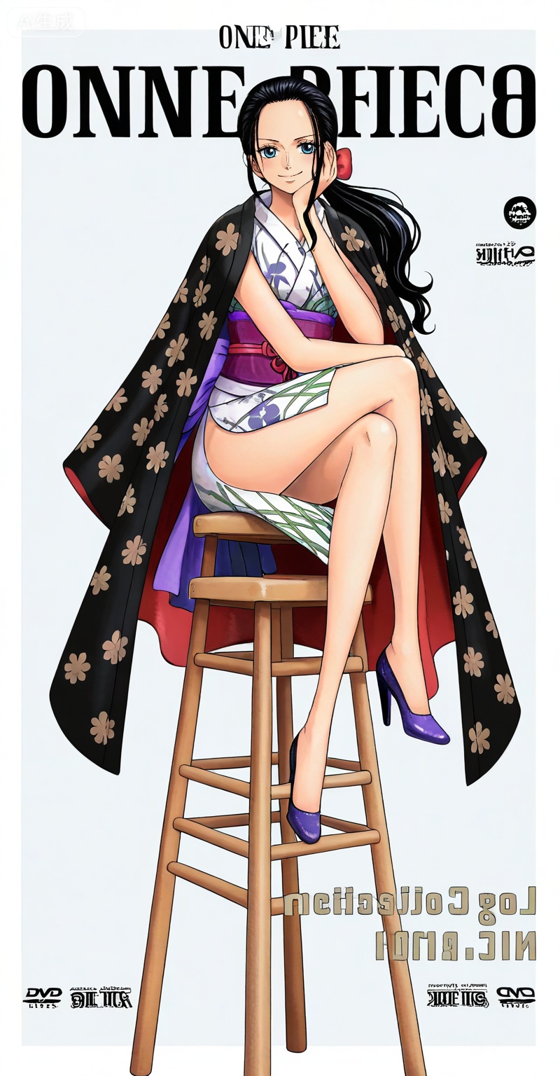 Nico Robin one piece, Nico Robin \(one piece\), nico robin, 1girl, black hair, solo, high heels, sitting, kimono, japanese clothes, long hair, crossed legs, sash, purple sash, full body, smile, looking at viewer, hand on own face, floral print, blue eyes, obi, ponytail, stool, head rest, copyright name, simple background, character name, legs, purple footwear, cover, jewelry, floating hair,
depth of field,masterpiece,best quality,very aesthetic,alternate costume,alternate costume,2024,2023,perfect composition,ultra-detailed,extreme aesthetic,masterpiece,best quality,good quality,newest,year 2024,year 2023,very aesthetic,absurdres,looking_at_viewer,colorful,