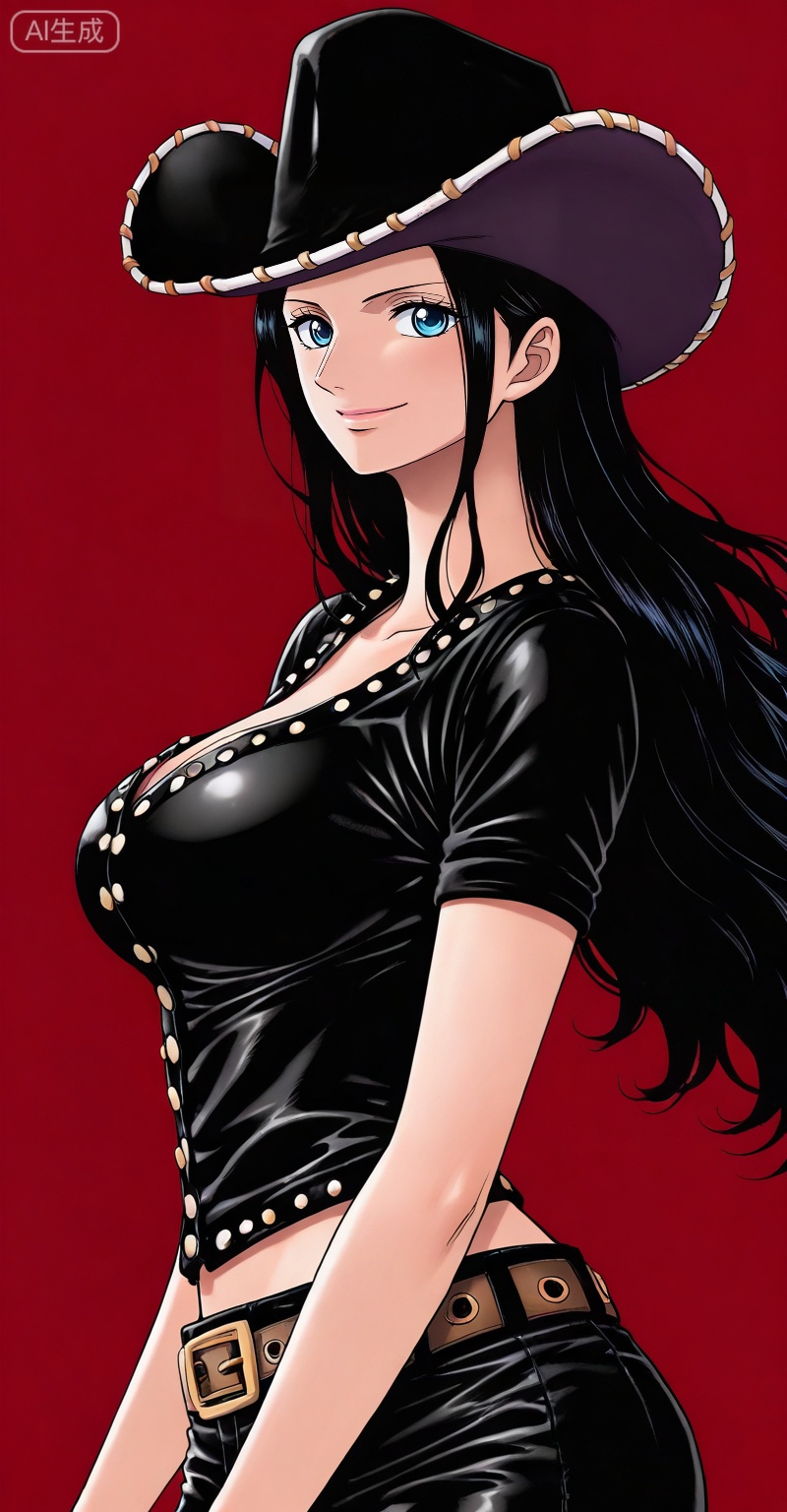 Nico Robin one piece, Nico Robin \(one piece\), nico robin, solo, 1girl, black hair, hat, smile, blue eyes, looking at viewer, cowboy hat, red background, long hair, simple background,
depth of field,masterpiece,best quality,very aesthetic,alternate costume,alternate costume,2024,2023,perfect composition,ultra-detailed,extreme aesthetic,masterpiece,best quality,good quality,newest,year 2024,year 2023,very aesthetic,absurdres,looking_at_viewer,colorful,