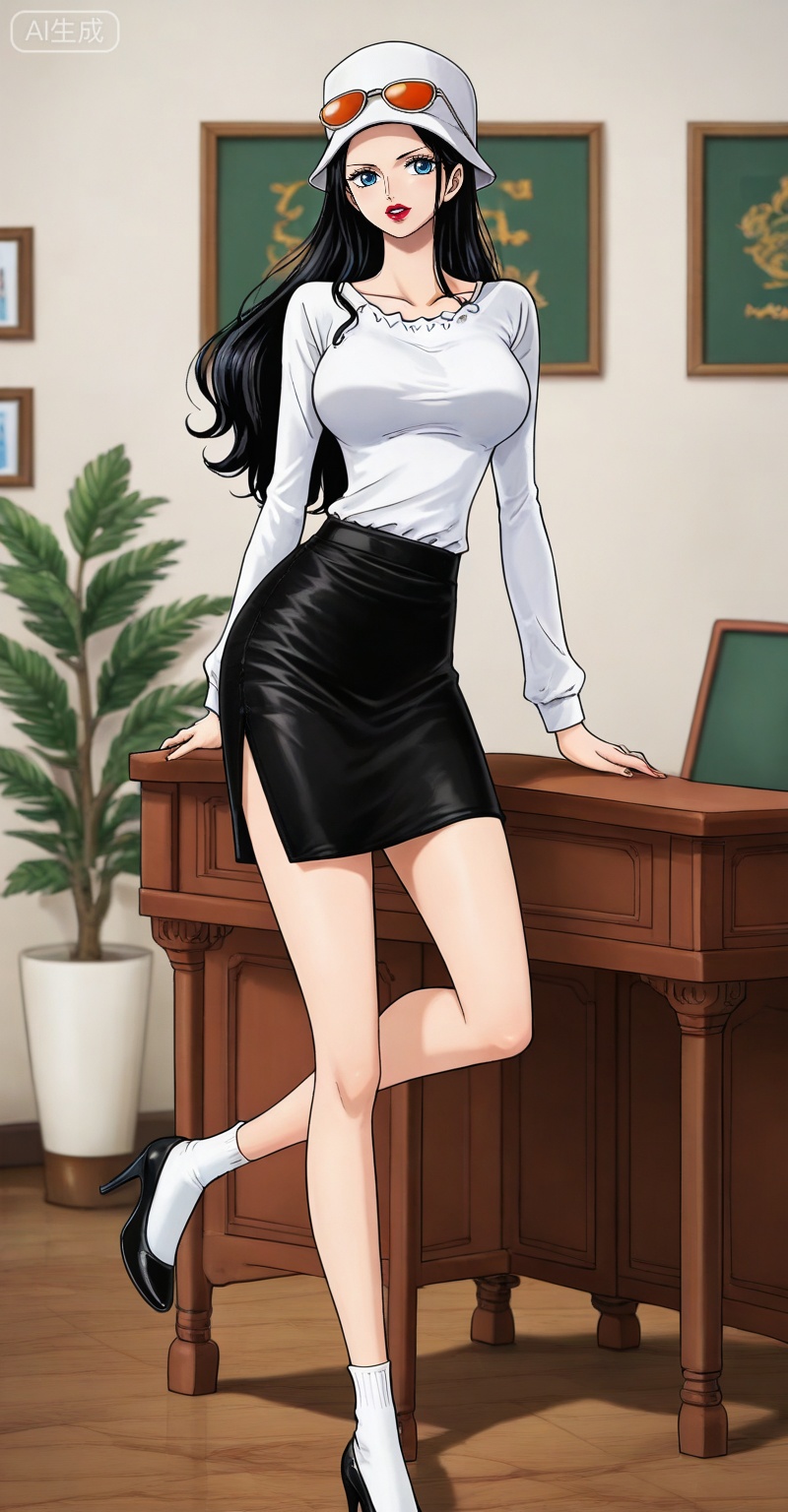 Nico Robin one piece,Nico Robin \(one piece\),nico robin,1girl,eyewear on head,solo,sunglasses,blue eyes,black hair,long hair,
1girl,solo,breasts,looking at viewer,skirt,shirt,long sleeves,hat,standing,white shirt,socks,indoors,black skirt,black footwear,high heels,shadow,white headwear,table,standing on one leg,white socks,desk,pencil skirt,red lips,shirt tucked in,

depth of field,masterpiece,best quality,very aesthetic,alternate costume,alternate costume,2024,2023,perfect composition,ultra-detailed,extreme aesthetic,masterpiece,best quality,good quality,newest,year 2024,year 2023,very aesthetic,absurdres,looking_at_viewer,colorful,