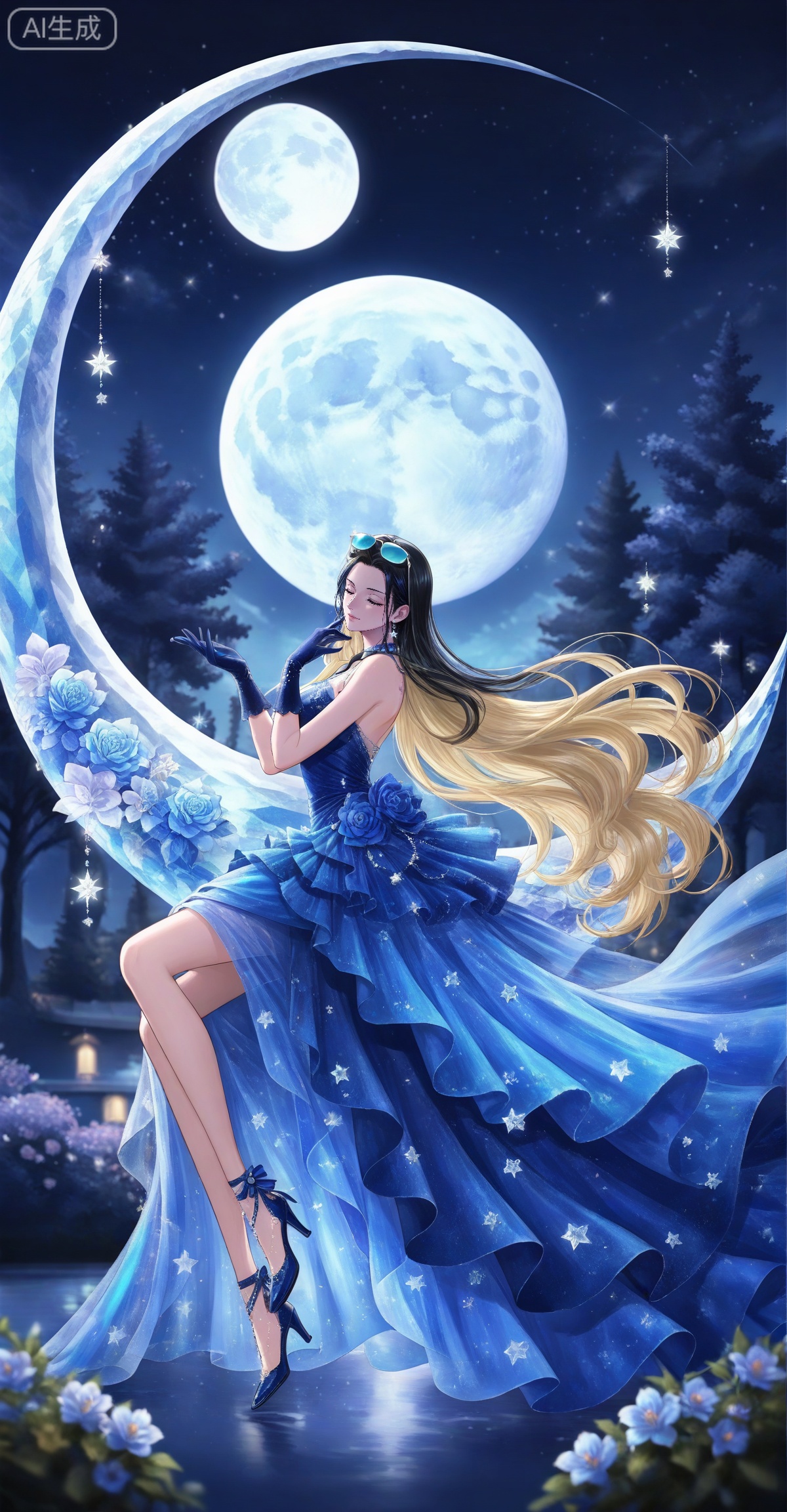 Nico Robin one piece,Nico Robin \(one piece\),nico robin,long hair,eyewear on head,black hair,blue eyes,
lvjing, 1girl, long hair, dress, blonde hair, blue dress, solo, tree, blue theme, closed eyes, moon, star \(symbol\), flower, night, very long hair, high heels, gloves, 27
 depth of field,masterpiece,best quality,very aesthetic,alternate costume,alternate costume,2024,2023,perfect composition,ultra-detailed,extreme aesthetic,masterpiece,best quality,good quality,newest,year 2024,year 2023,very aesthetic,absurdres,looking_at_viewer,colorful,,lvjing,


