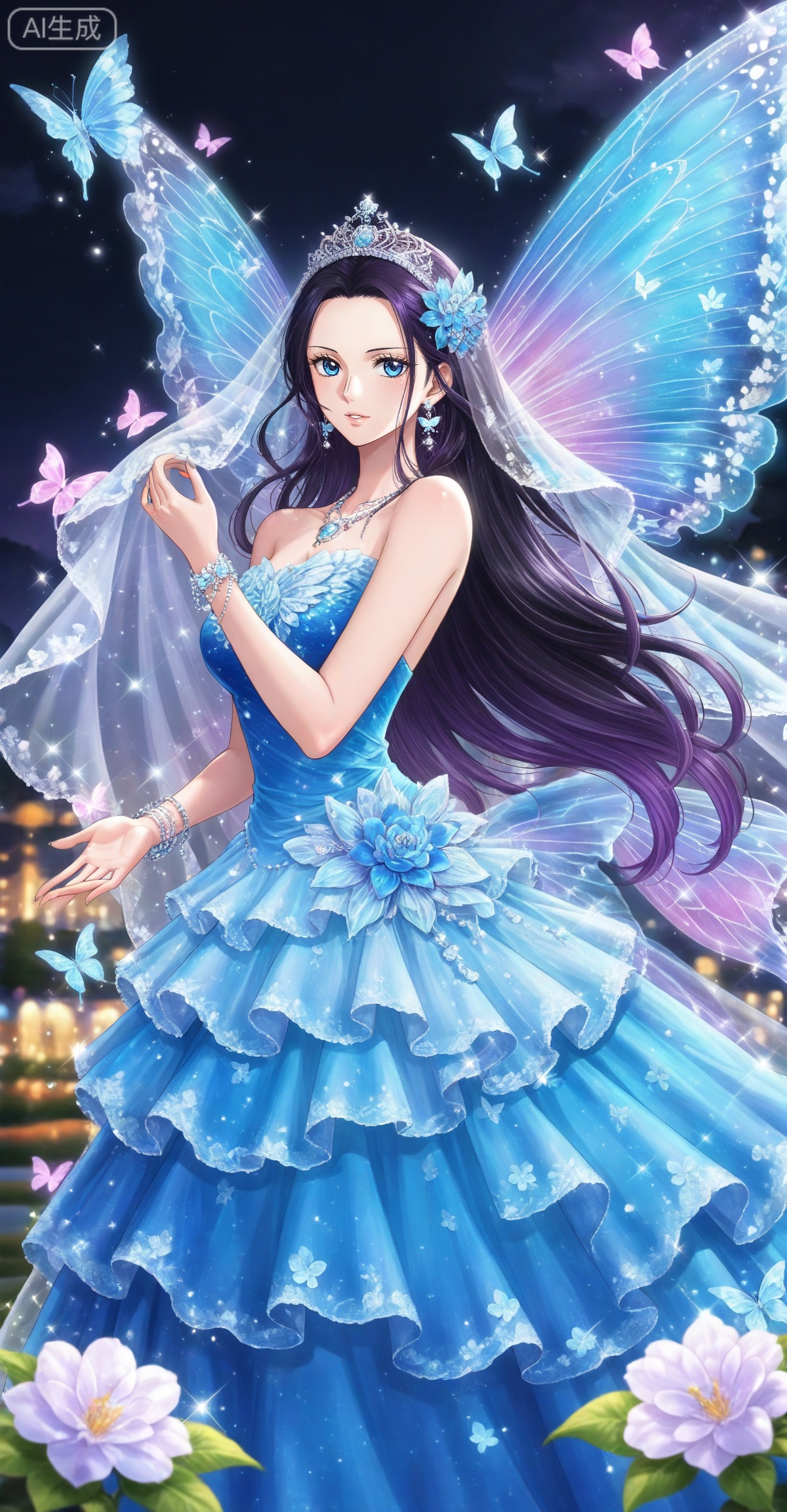 Nico Robin one piece,Nico Robin \(one piece\),nico robin,long hair,eyewear on head,black hair,blue eyes,
lvjing, 1girl, dress, long hair, blue dress, hair ornament, butterfly, jewelry, bug, solo, wings, insect wings, purple hair, veil, earrings, flower, tiara, necklace, night, butterfly wings, sparkle, outstretched hand, bare shoulders, 30
 depth of field,masterpiece,best quality,very aesthetic,alternate costume,alternate costume,2024,2023,perfect composition,ultra-detailed,extreme aesthetic,masterpiece,best quality,good quality,newest,year 2024,year 2023,very aesthetic,absurdres,looking_at_viewer,colorful,,lvjing,


