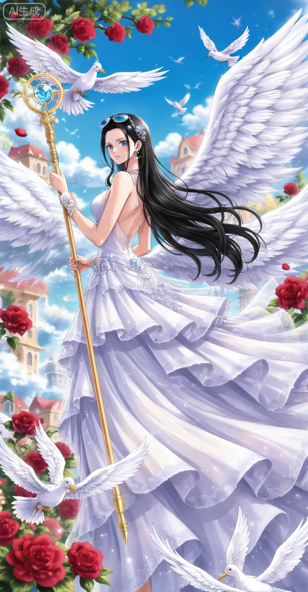 Nico Robin one piece,Nico Robin \(one piece\),nico robin,long hair,eyewear on head,black hair,blue eyes,
jewelry,earrings, wings,bird,flower,1girl,solo,long hair,dress,dove,angel wings,feathered wings,holding,white wings,white dress,rose,staff,multiple wings,animal,4,
 depth of field,masterpiece,best quality,very aesthetic,alternate costume,alternate costume,2024,2023,perfect composition,ultra-detailed,extreme aesthetic,masterpiece,best quality,good quality,newest,year 2024,year 2023,very aesthetic,absurdres,looking_at_viewer,colorful,,lvjing,


