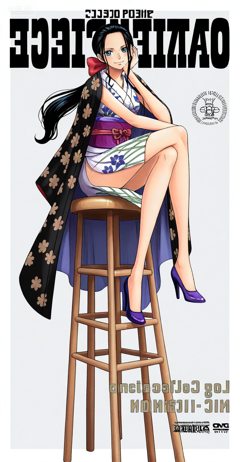 Nico Robin one piece, Nico Robin \(one piece\), nico robin, 1girl, black hair, solo, high heels, sitting, kimono, japanese clothes, long hair, crossed legs, sash, purple sash, full body, smile, looking at viewer, hand on own face, floral print, blue eyes, obi, ponytail, stool, head rest, copyright name, simple background, character name, legs, purple footwear, cover, jewelry, floating hair,
depth of field,masterpiece,best quality,very aesthetic,alternate costume,alternate costume,2024,2023,perfect composition,ultra-detailed,extreme aesthetic,masterpiece,best quality,good quality,newest,year 2024,year 2023,very aesthetic,absurdres,looking_at_viewer,colorful,