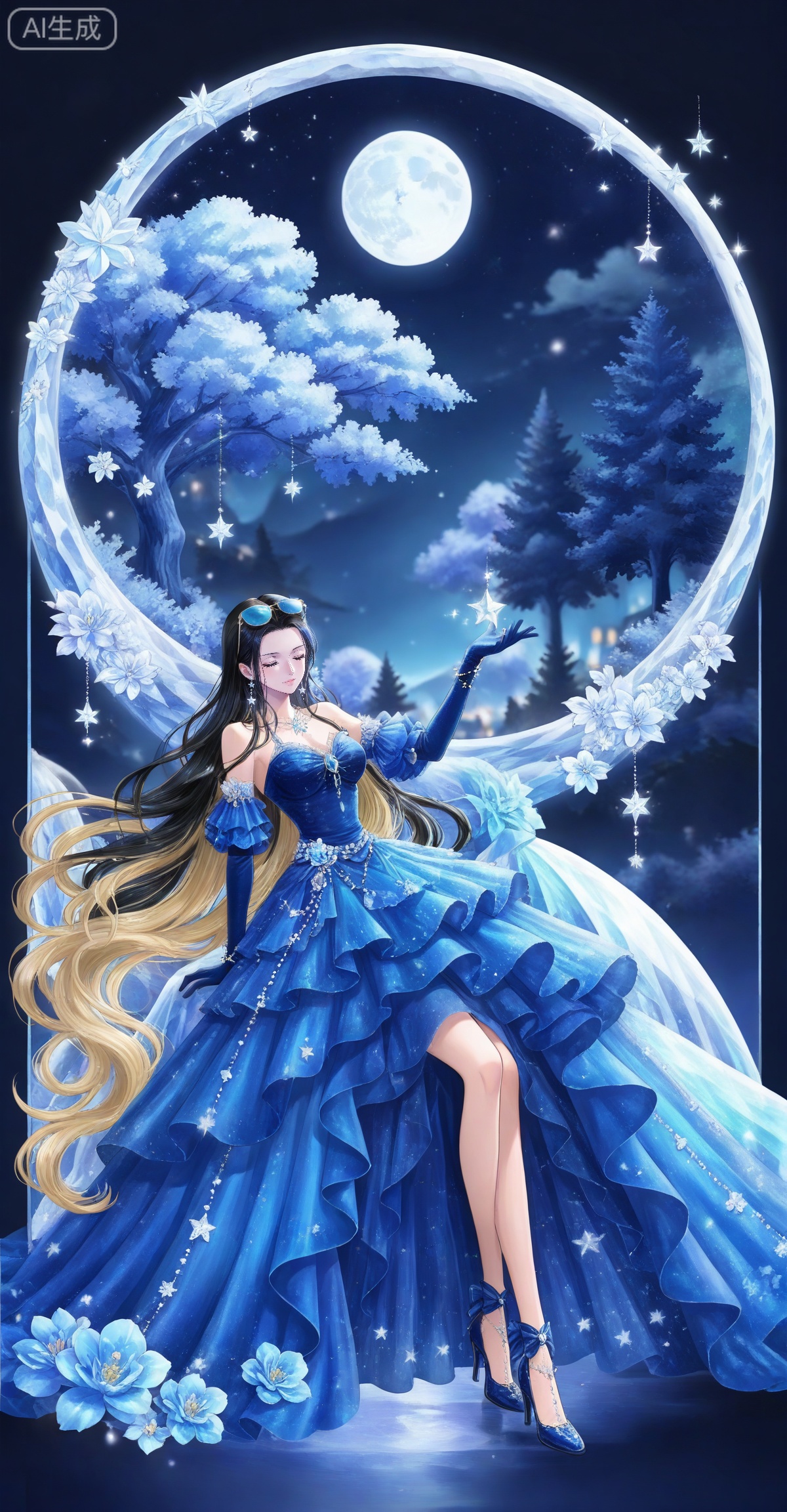 Nico Robin one piece,Nico Robin \(one piece\),nico robin,long hair,eyewear on head,black hair,blue eyes,
lvjing, 1girl, long hair, dress, blonde hair, blue dress, solo, tree, blue theme, closed eyes, moon, star \(symbol\), flower, night, very long hair, high heels, gloves, 27
 depth of field,masterpiece,best quality,very aesthetic,alternate costume,alternate costume,2024,2023,perfect composition,ultra-detailed,extreme aesthetic,masterpiece,best quality,good quality,newest,year 2024,year 2023,very aesthetic,absurdres,looking_at_viewer,colorful,,lvjing,


